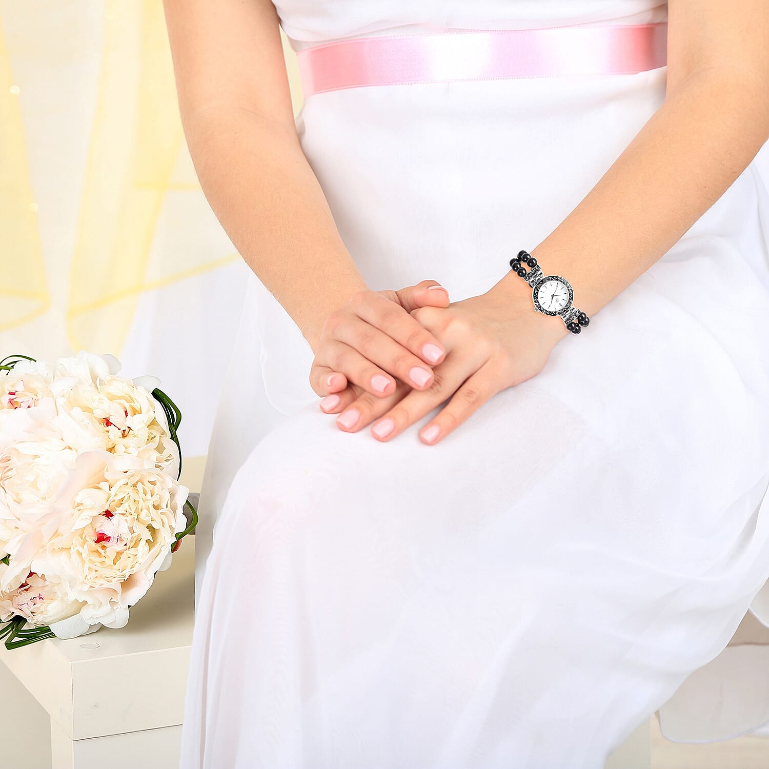 GENOA Japanese Movement Water Resistant Bracelet Watch (Size 6.5-7) with Shungite Beads Stretchable Strap in Natural Stainless Steel 93.00 Ct.