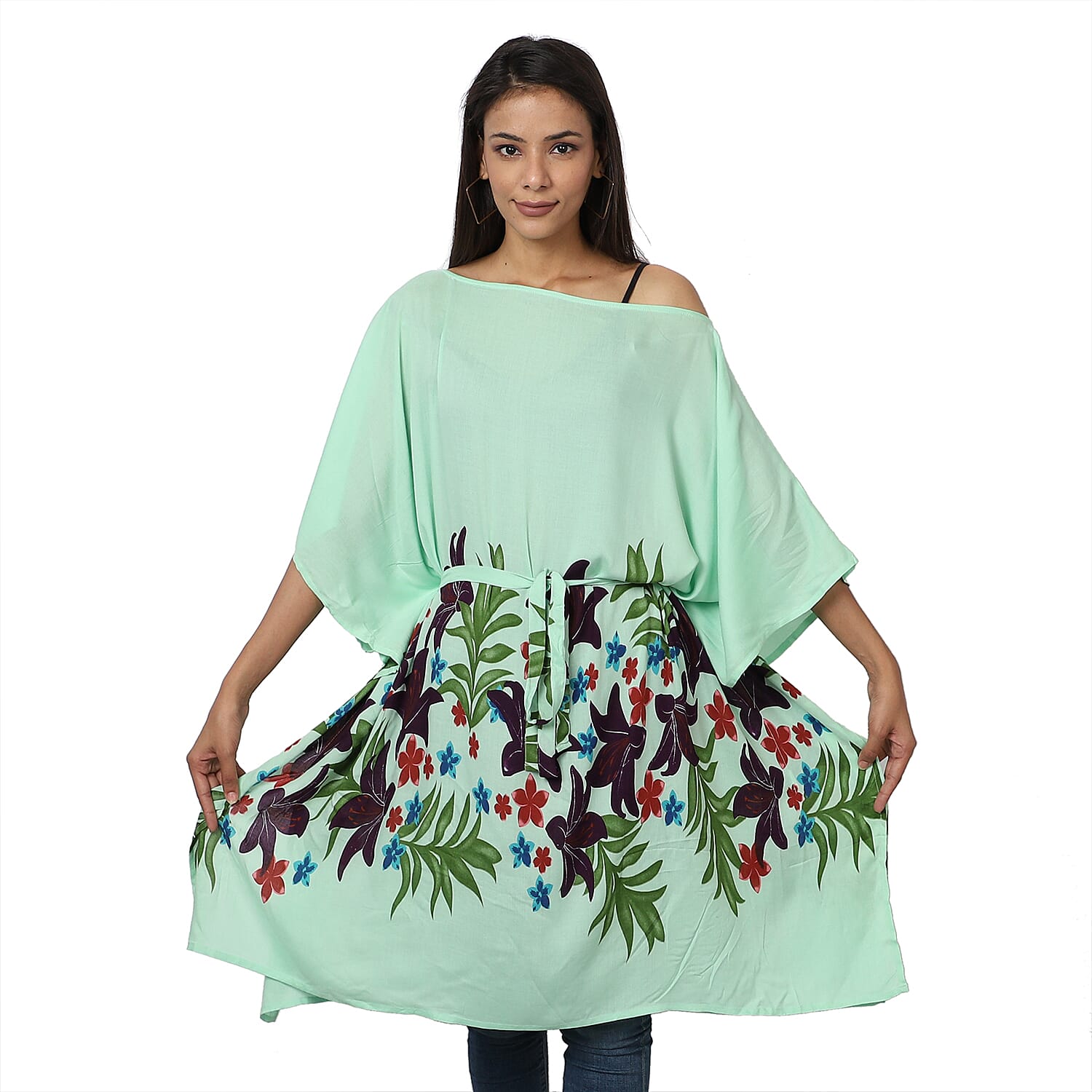Floral printed Kaftan with Waist Belt (Size S to XXL 91x105cm) - Mint Green