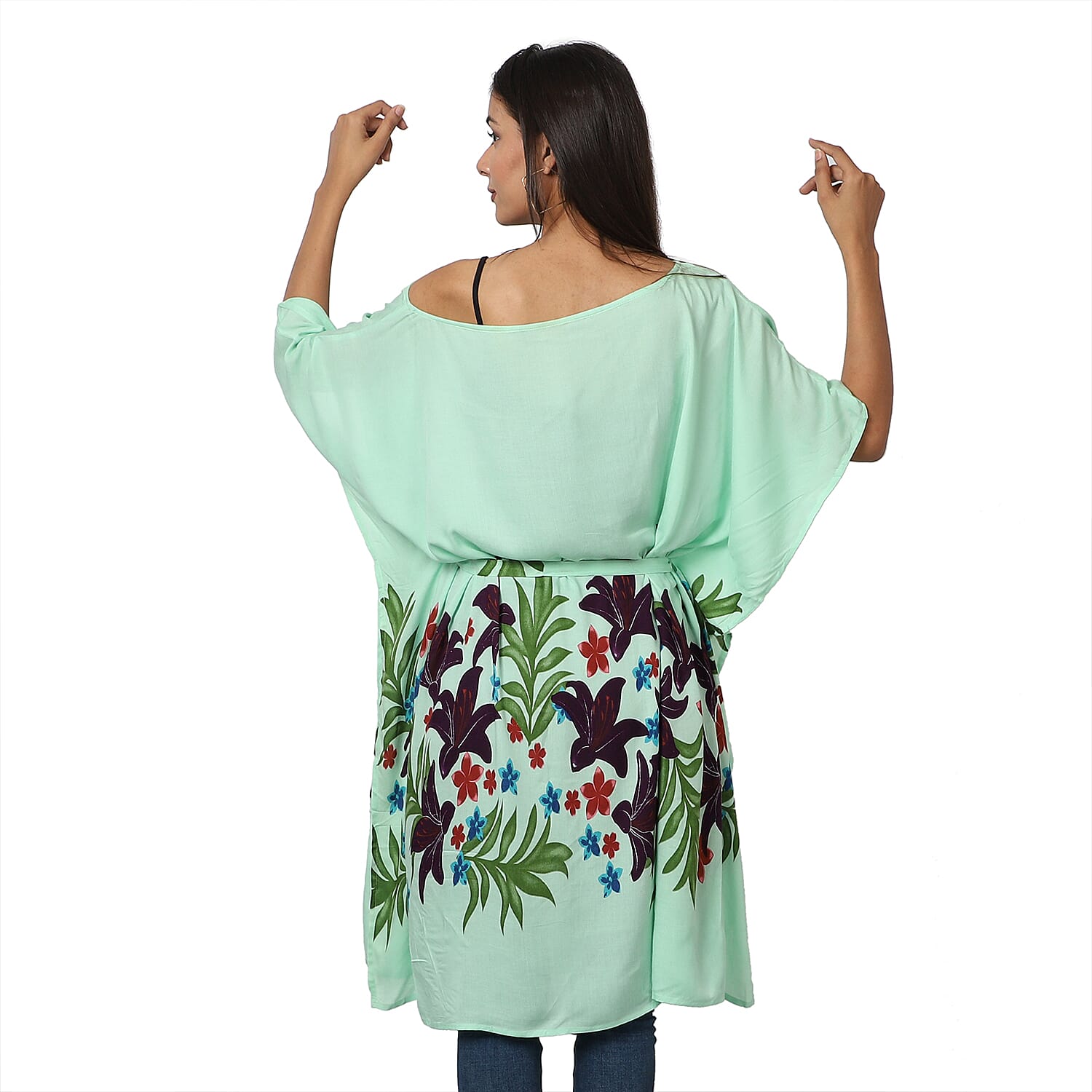 Floral printed Kaftan with Waist Belt (Size S to XXL 91x105cm) - Mint Green