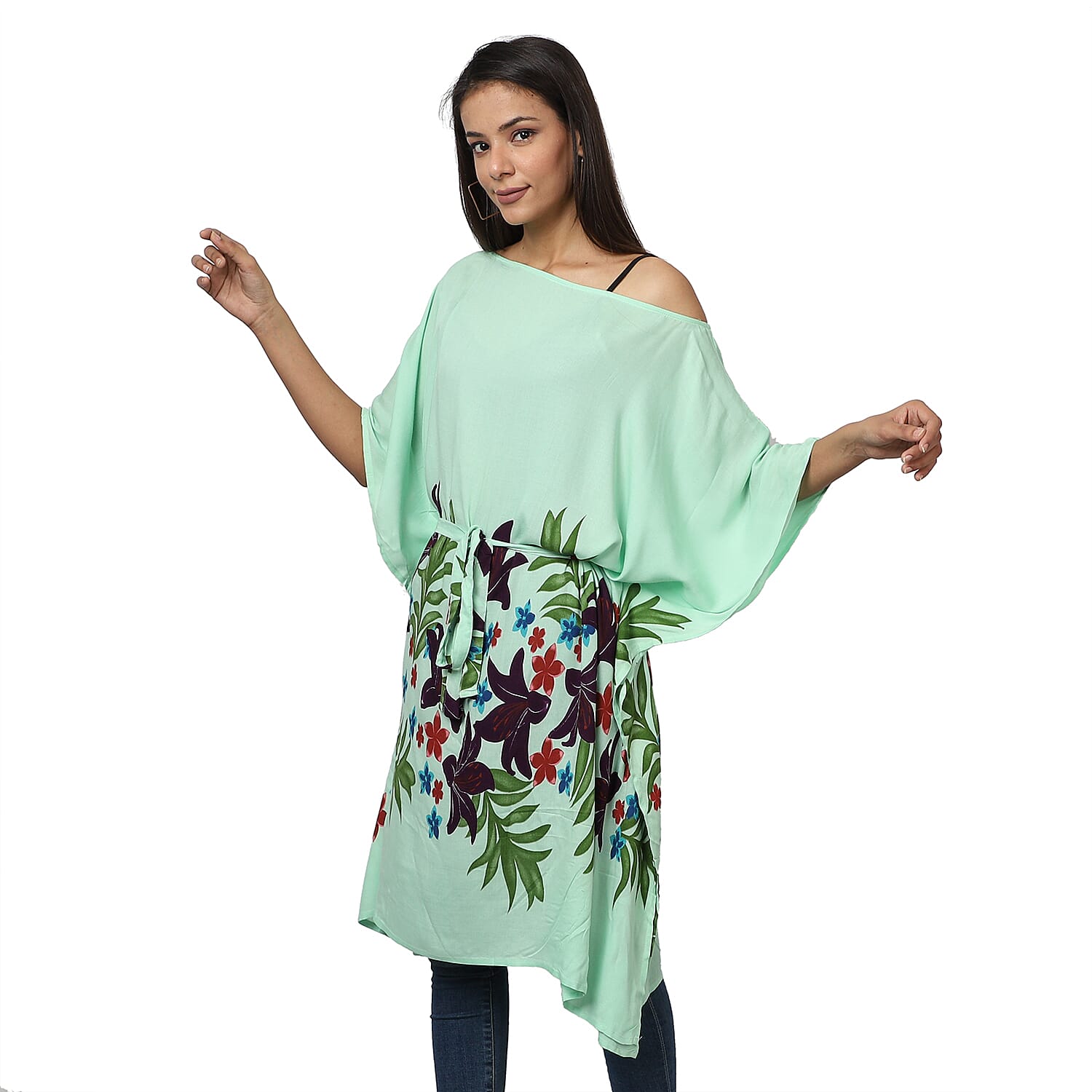 Floral printed Kaftan with Waist Belt (Size S to XXL 91x105cm) - Mint Green