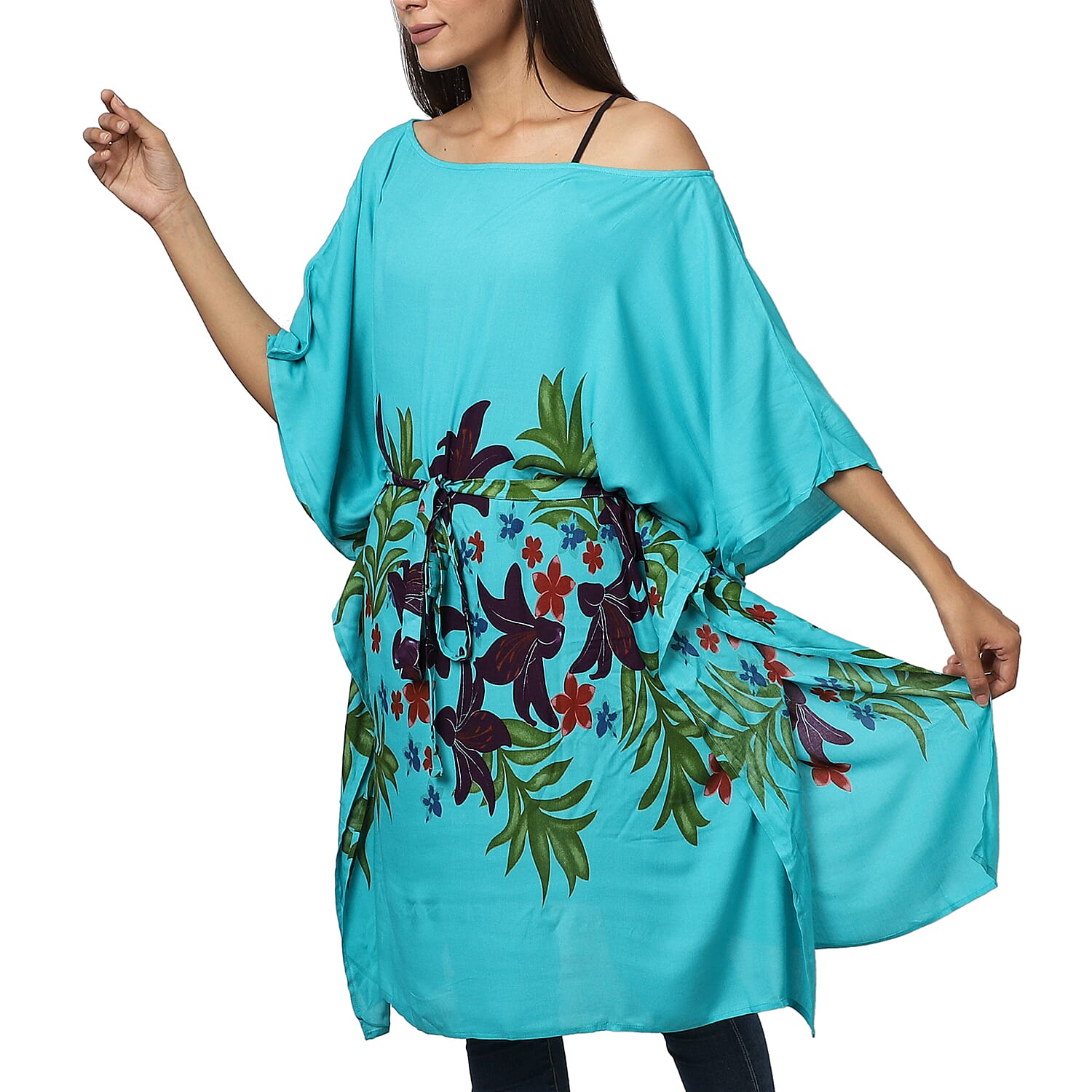 Floral printed Kaftan with Waist Belt (Size S to XXL 91x105cm) - Teal Green