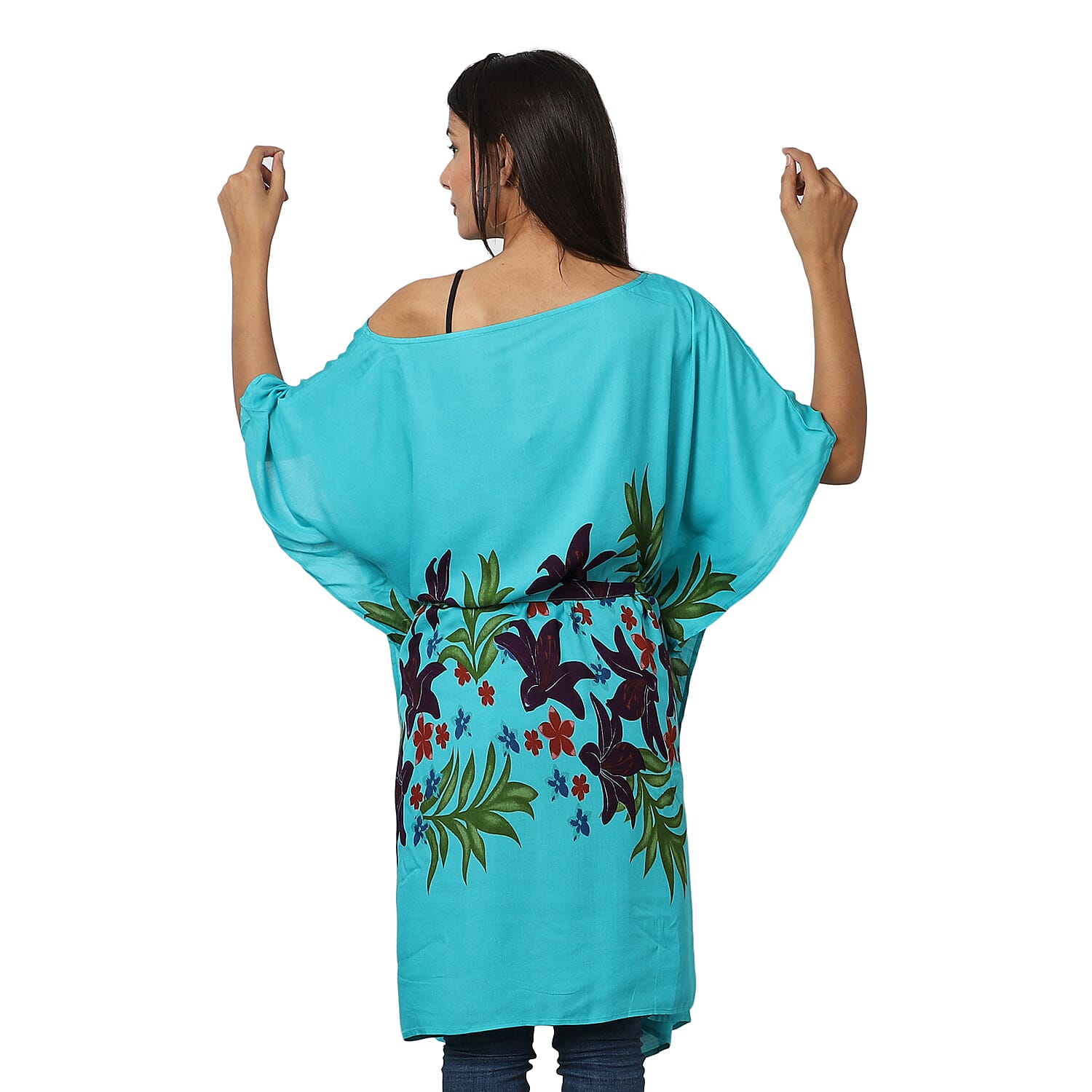 Floral printed Kaftan with Waist Belt (Size S to XXL 91x105cm) - Teal Green