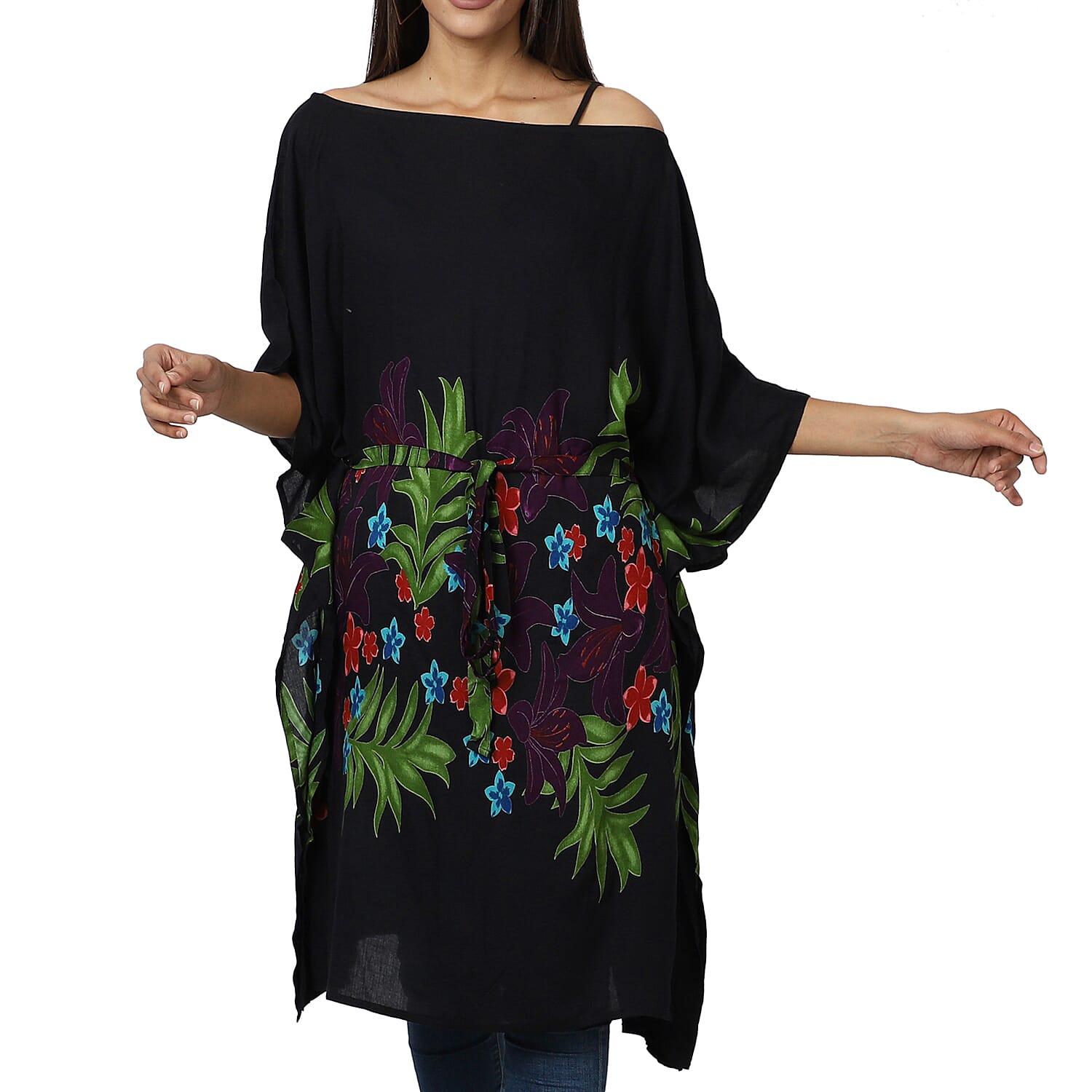 Floral printed Kaftan with Waist Belt  (Size S to XXL 91x105cm)  - Black