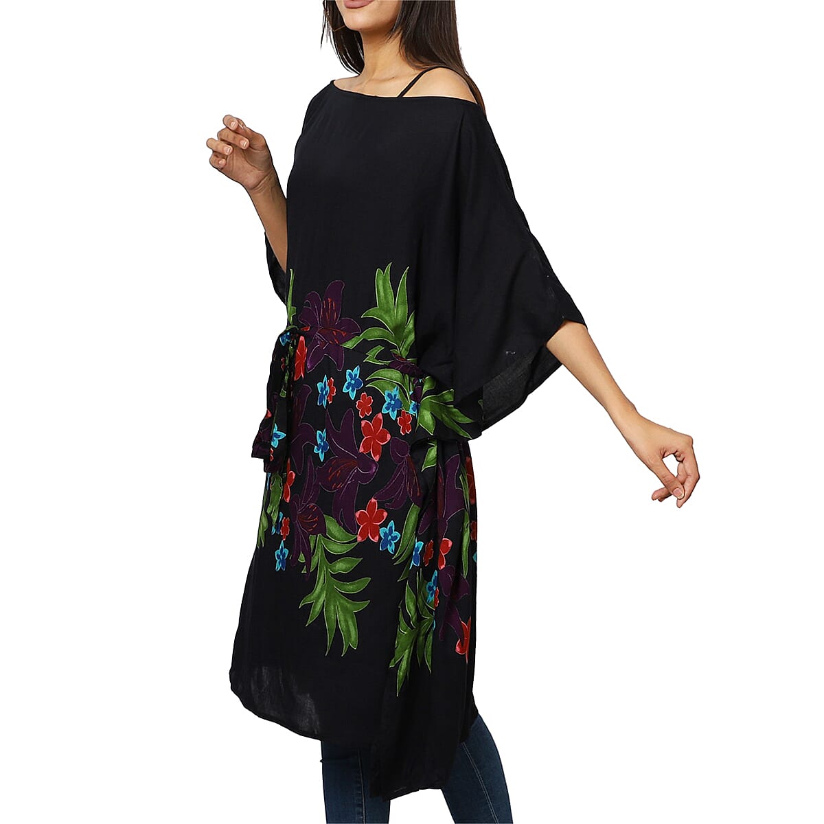 Floral printed Kaftan with Waist Belt  (Size S to XXL 91x105cm)  - Black
