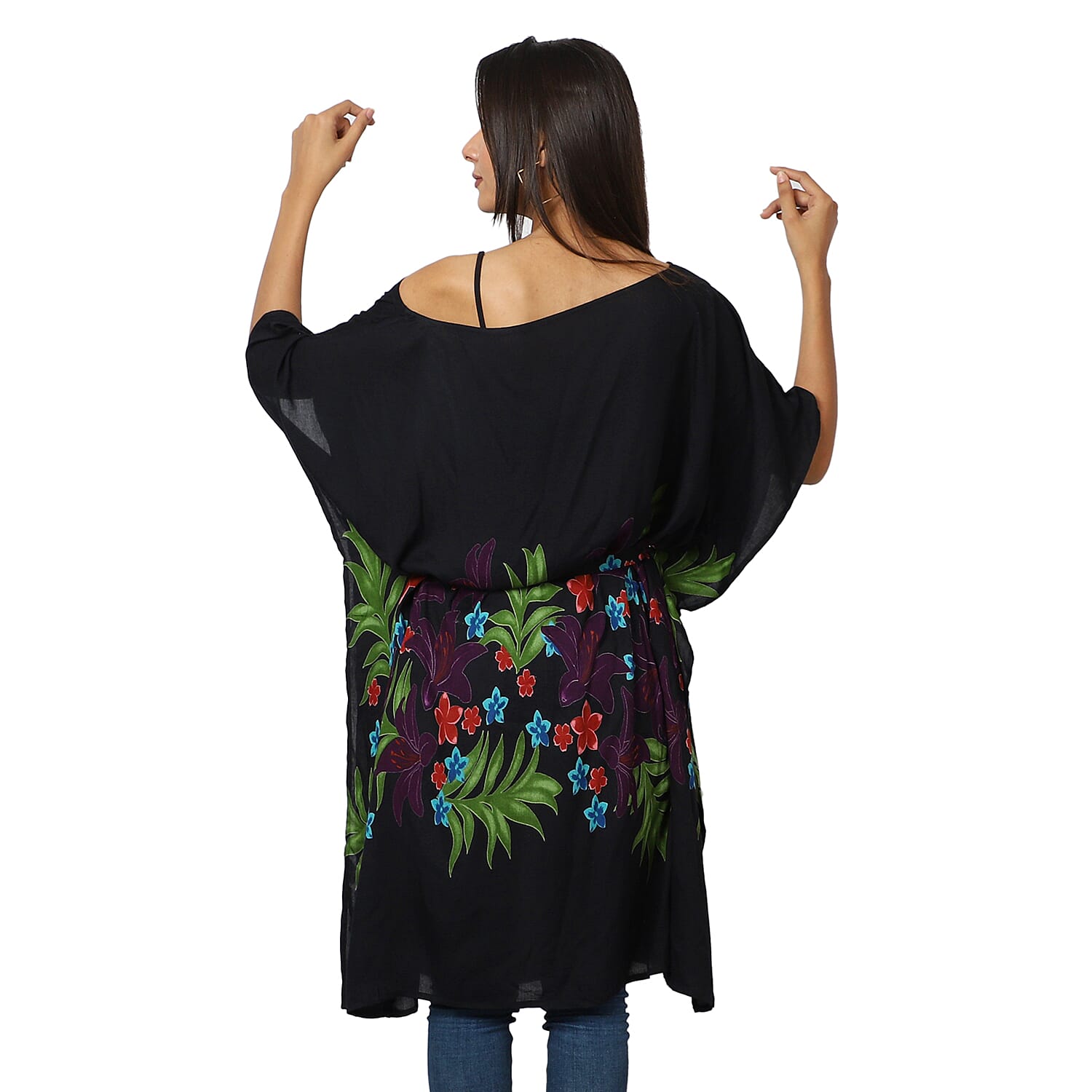 Floral printed Kaftan with Waist Belt  (Size S to XXL 91x105cm)  - Black