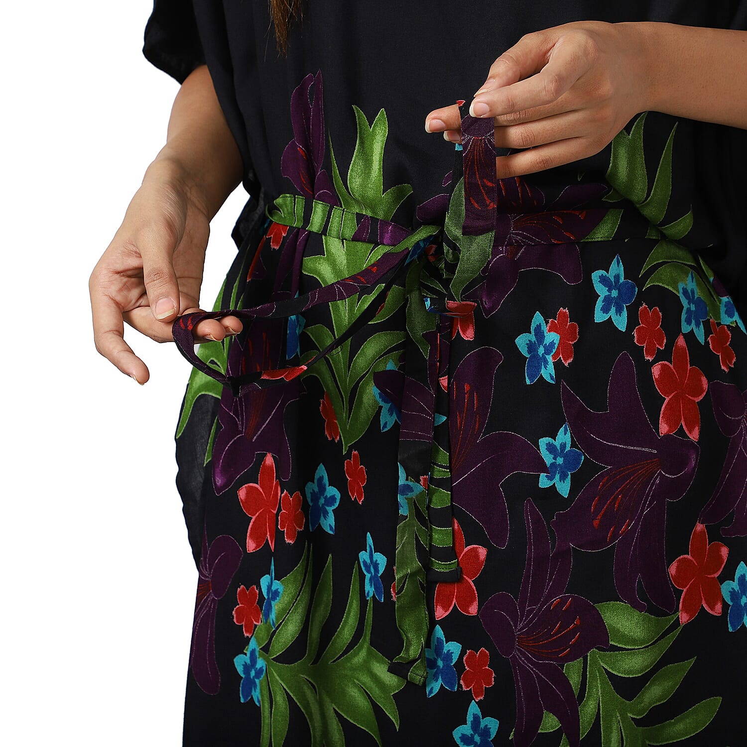 Floral printed Kaftan with Waist Belt  (Size S to XXL 91x105cm)  - Black