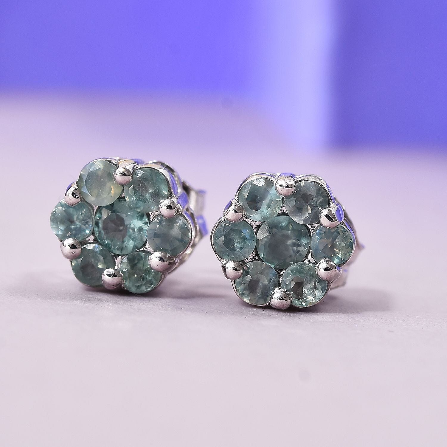 Alexandrite (Rnd) Floral Stud Earrings (with Push Back) in Platinum Overlay Sterling Silver