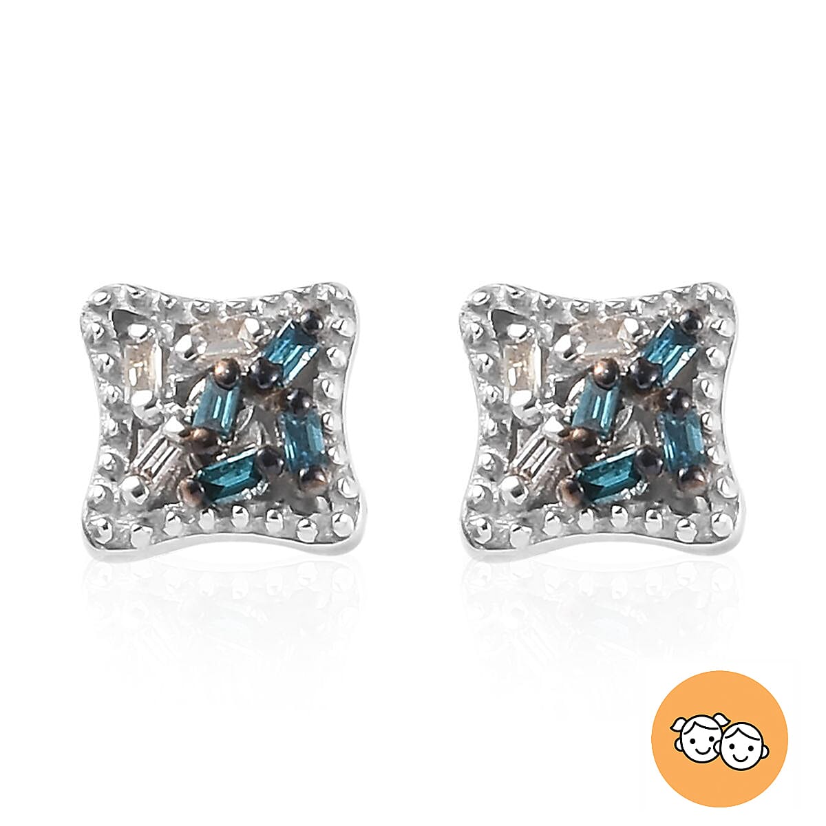 Blue and White Diamond Earrings for Kids in Sterling Silver