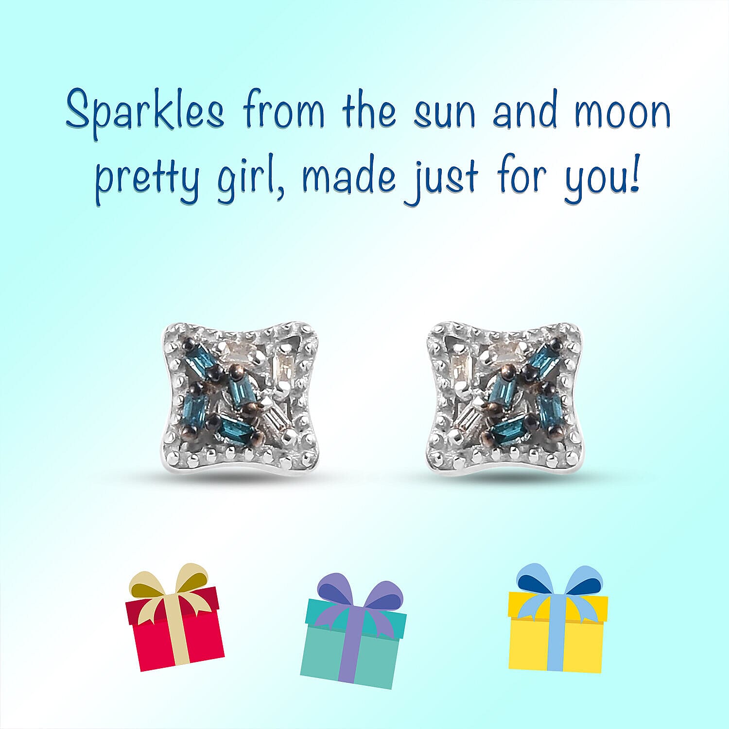 Blue and White Diamond Earrings for Kids in Sterling Silver