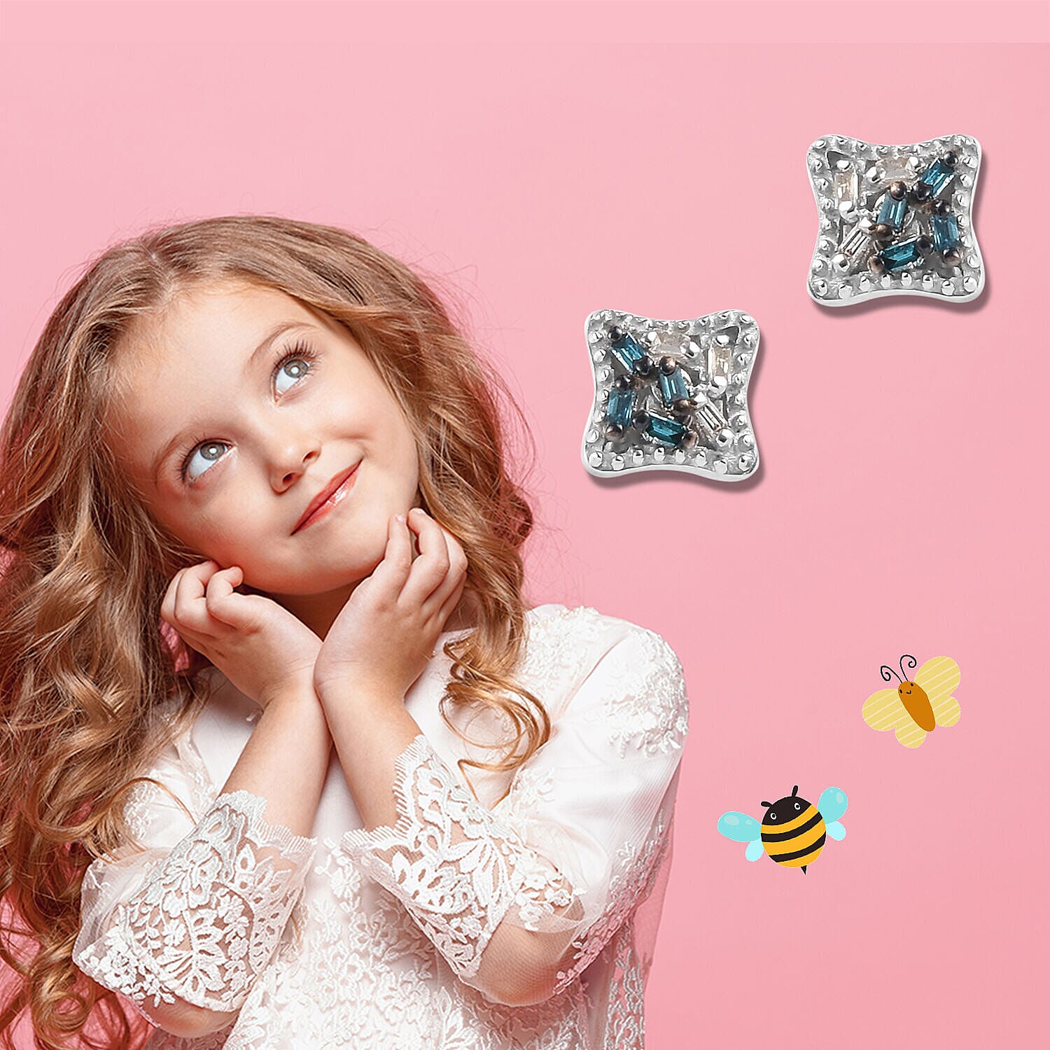 Blue and White Diamond Earrings for Kids in Sterling Silver