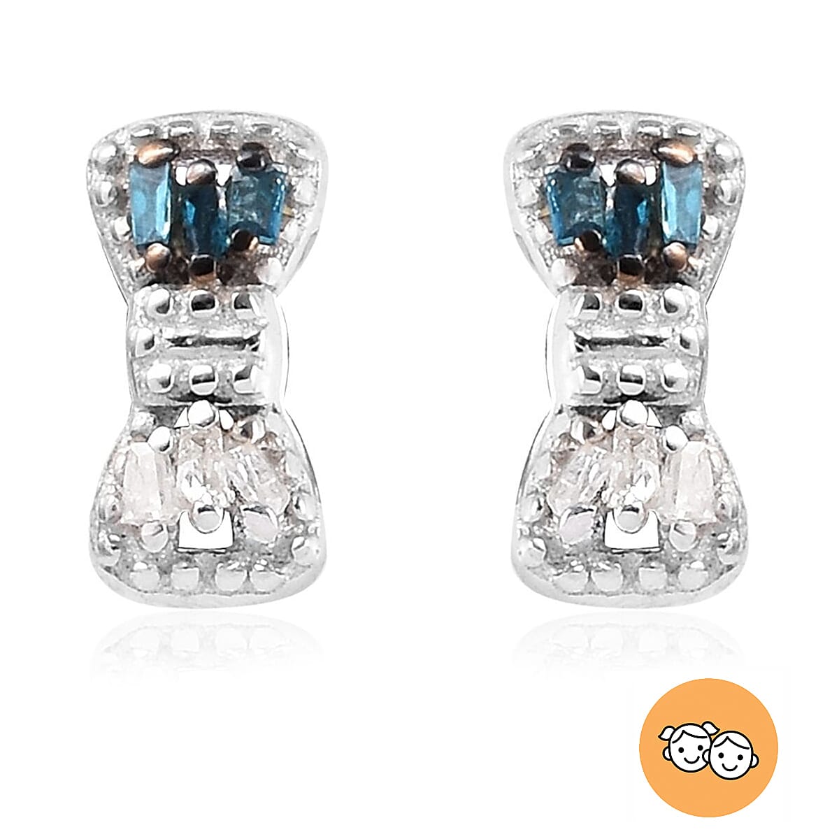 Children Blue and White Diamond Bow Earrings in Sterling Silver