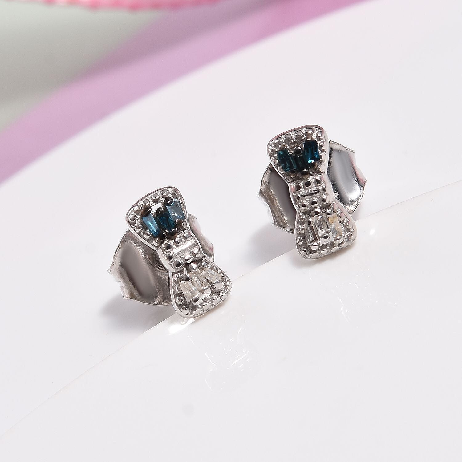 Children Blue and White Diamond Bow Earrings in Sterling Silver