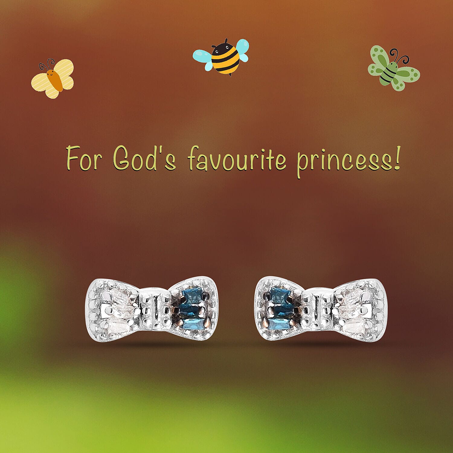 Children Blue and White Diamond Bow Earrings in Sterling Silver