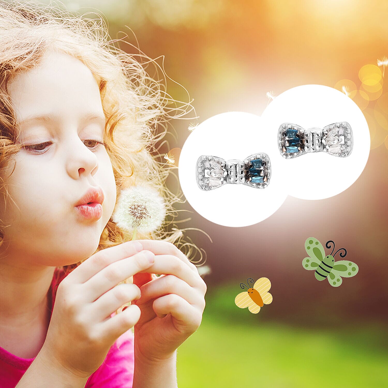 Children Blue and White Diamond Bow Earrings in Sterling Silver