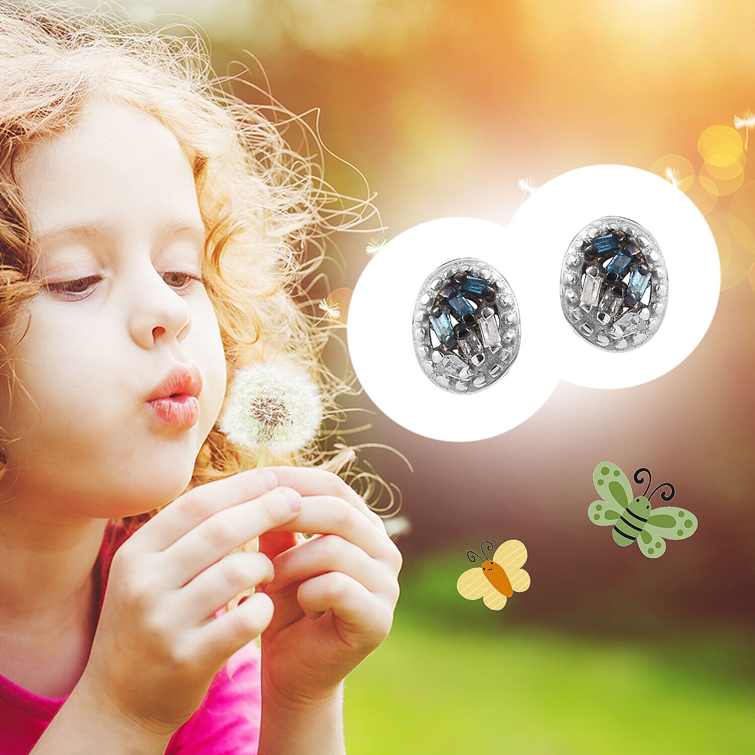 Blue and White Diamond Kids Earrings in Sterling Silver