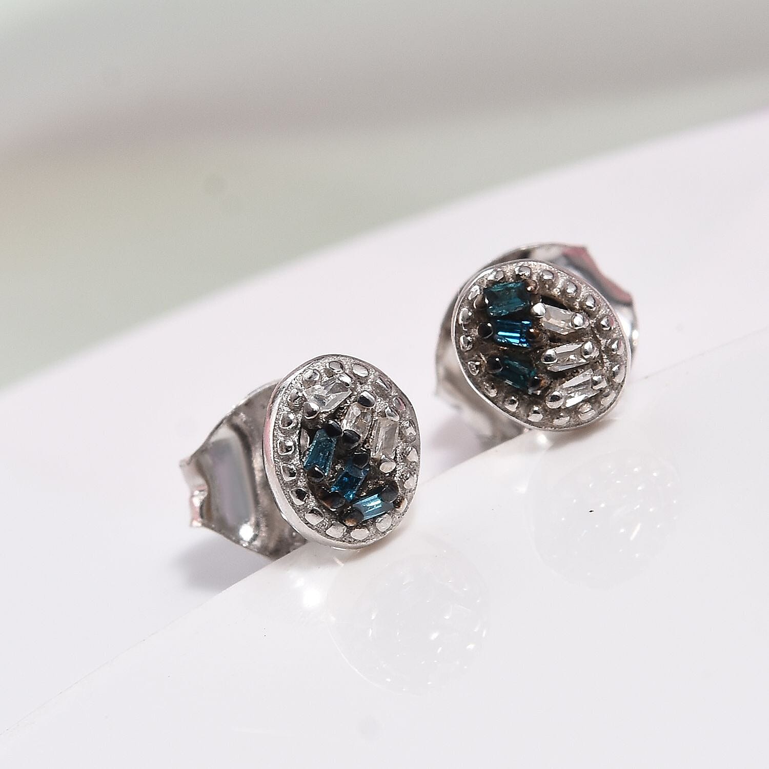 Blue and White Diamond Kids Earrings in Sterling Silver