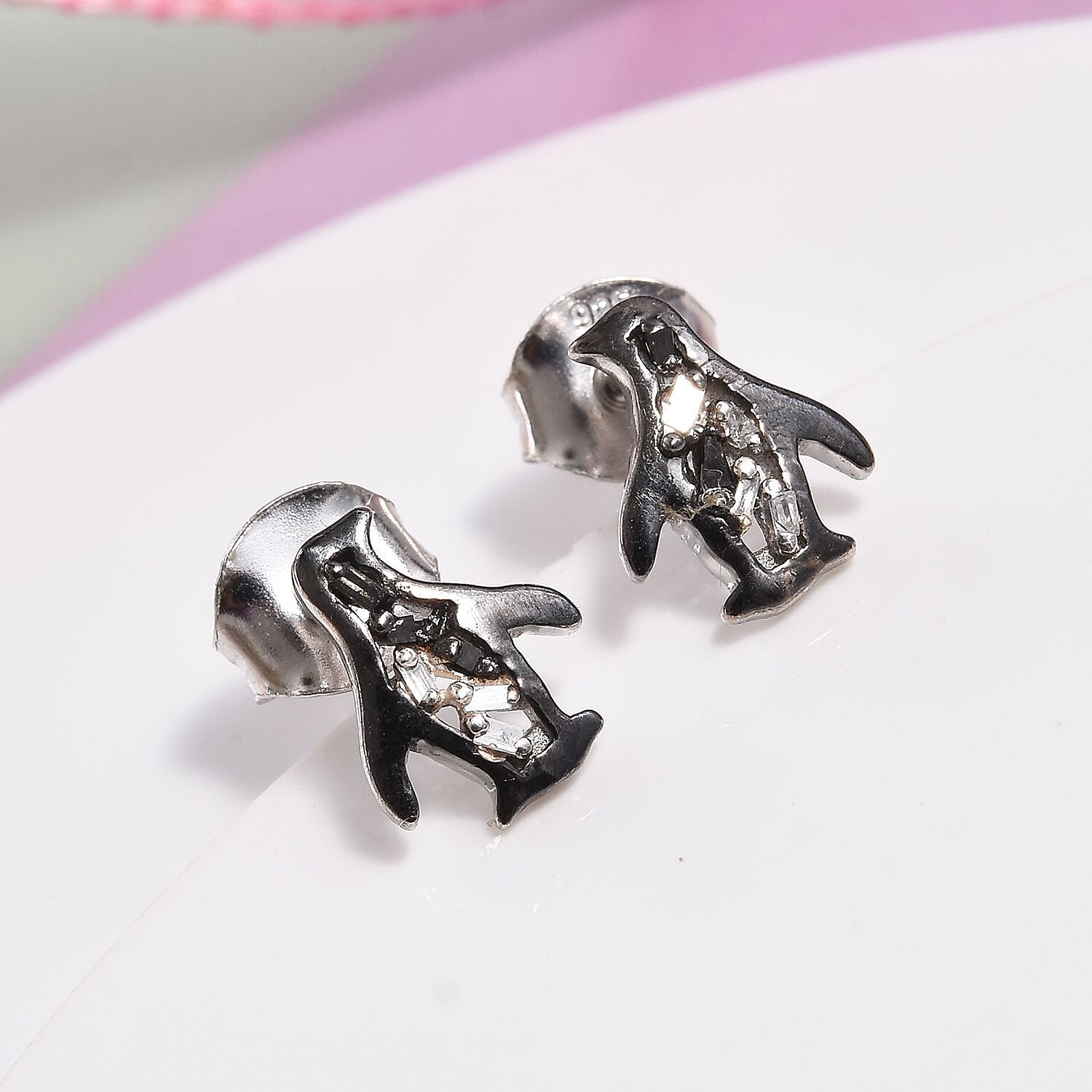 Children Black and White Diamond Penguin Earrings in Sterling Silver