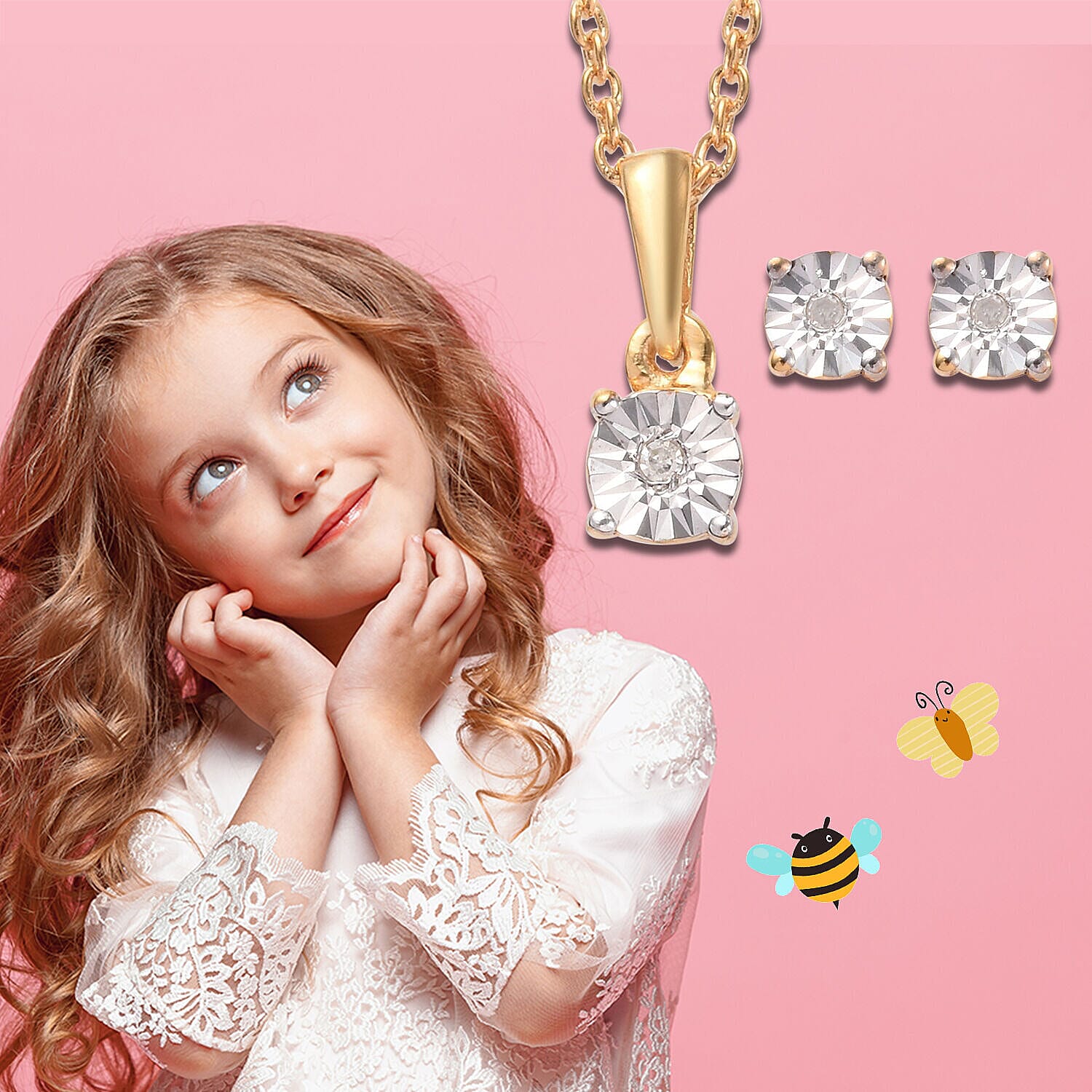 2 Piece Set for Kids Diamond Pendant with 20 Inch Chain and Earrings in Gold Plated Silver