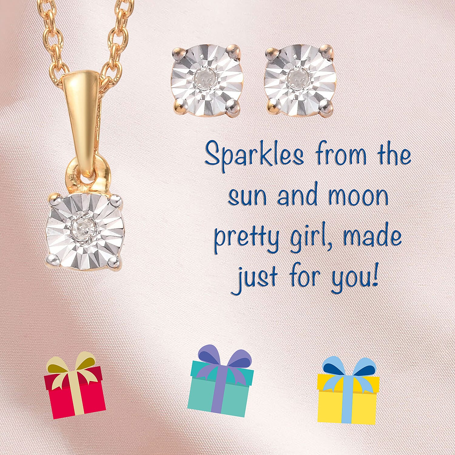 2 Piece Set for Kids Diamond Pendant with 20 Inch Chain and Earrings in Gold Plated Silver