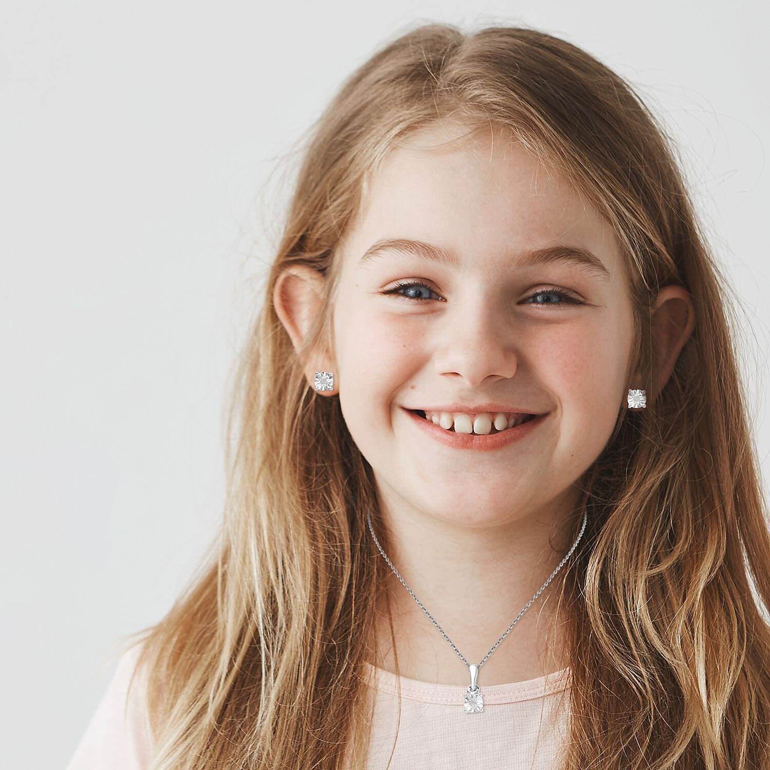 2 Piece Set for Kids Diamond Pendant with 20 Inch Chain and Earrings in Sterling Silver