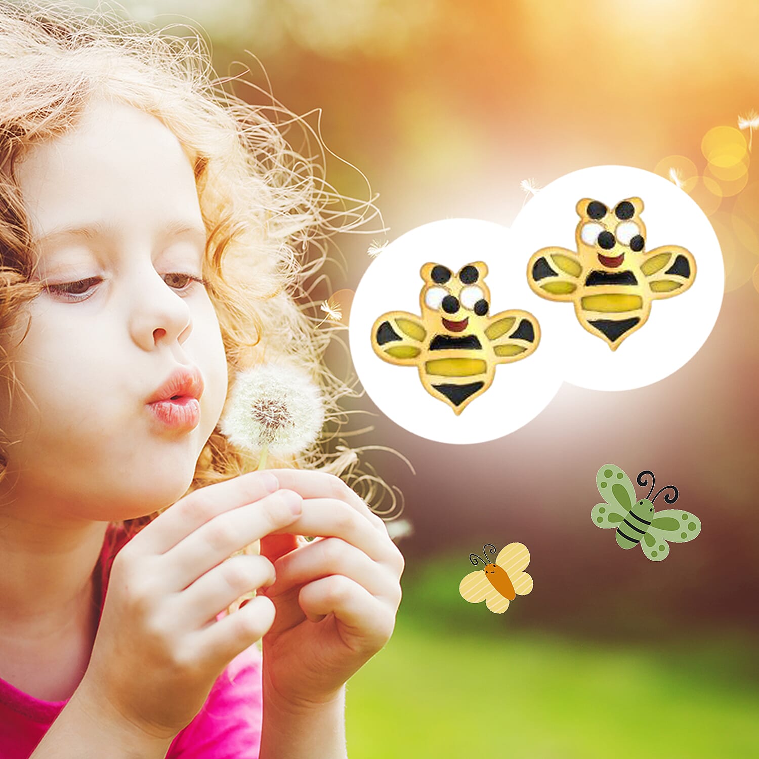 Children Happy Bee Stud Earrings in 9K Yellow Gold