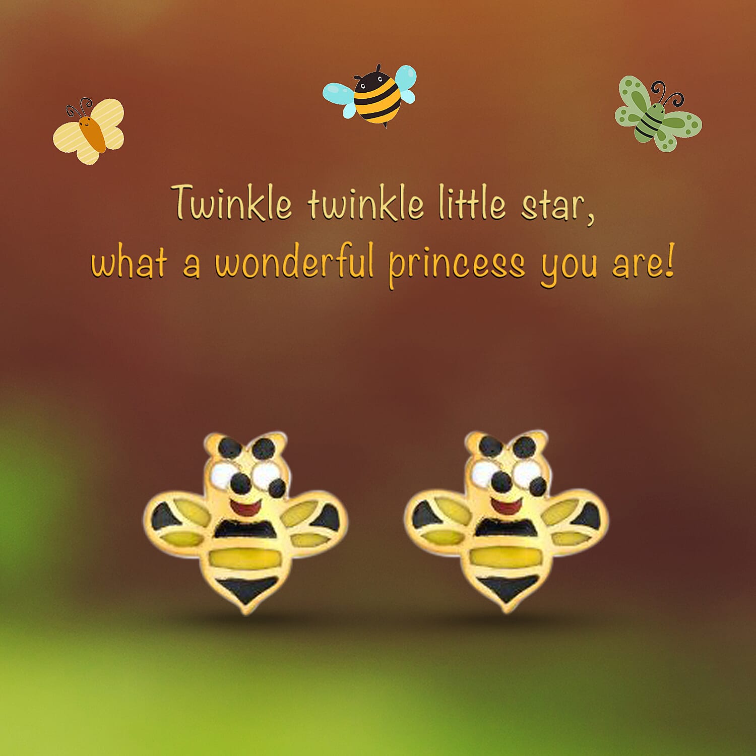 Children Happy Bee Stud Earrings in 9K Yellow Gold