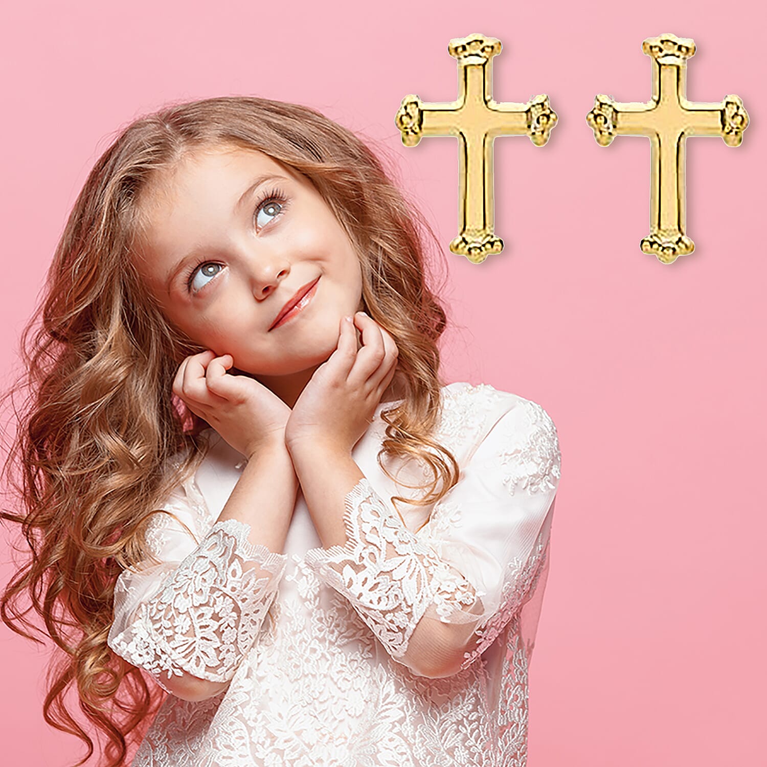Cross Stud Earrings for Kids (with Push Back) in 9K Yellow Gold