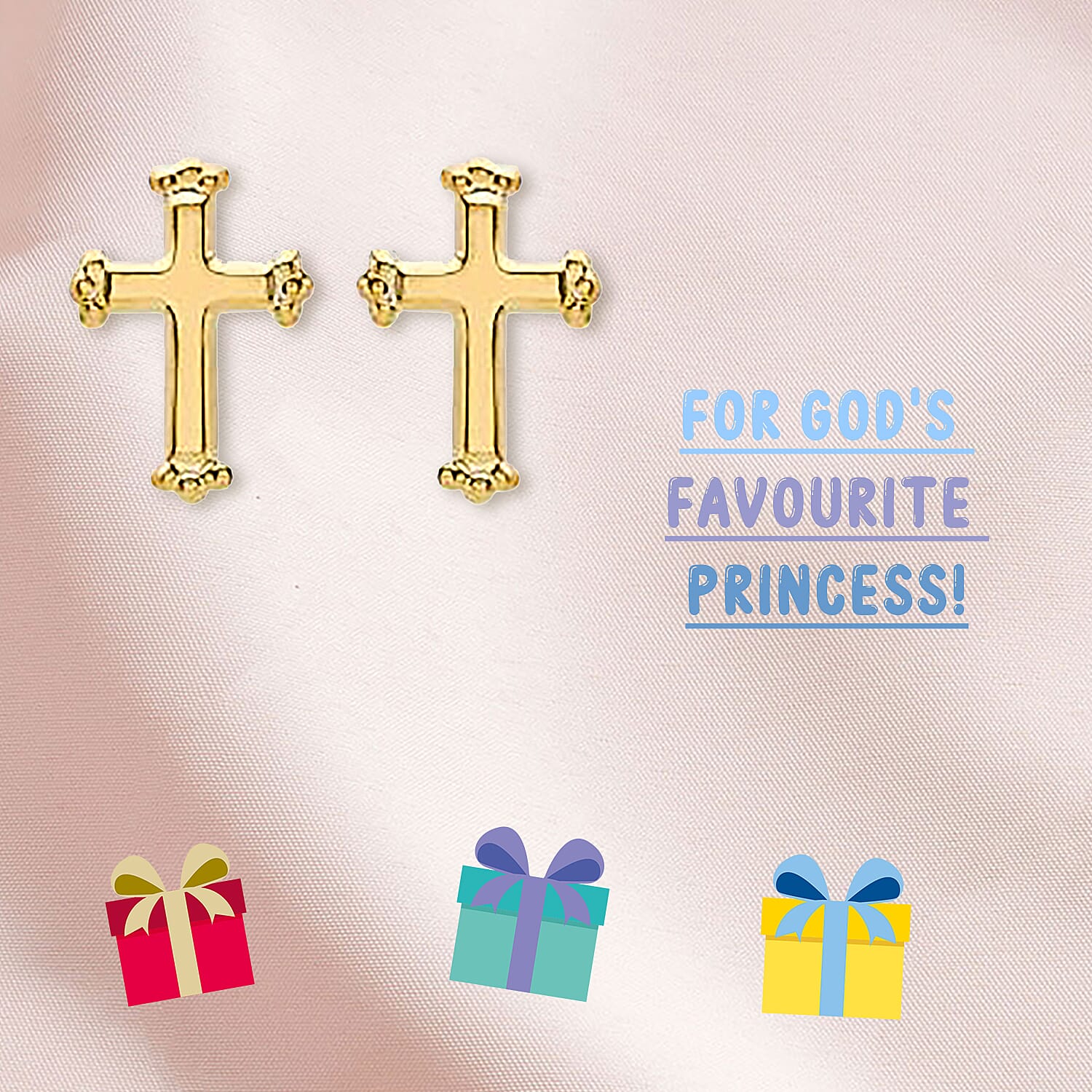 Cross Stud Earrings for Kids (with Push Back) in 9K Yellow Gold