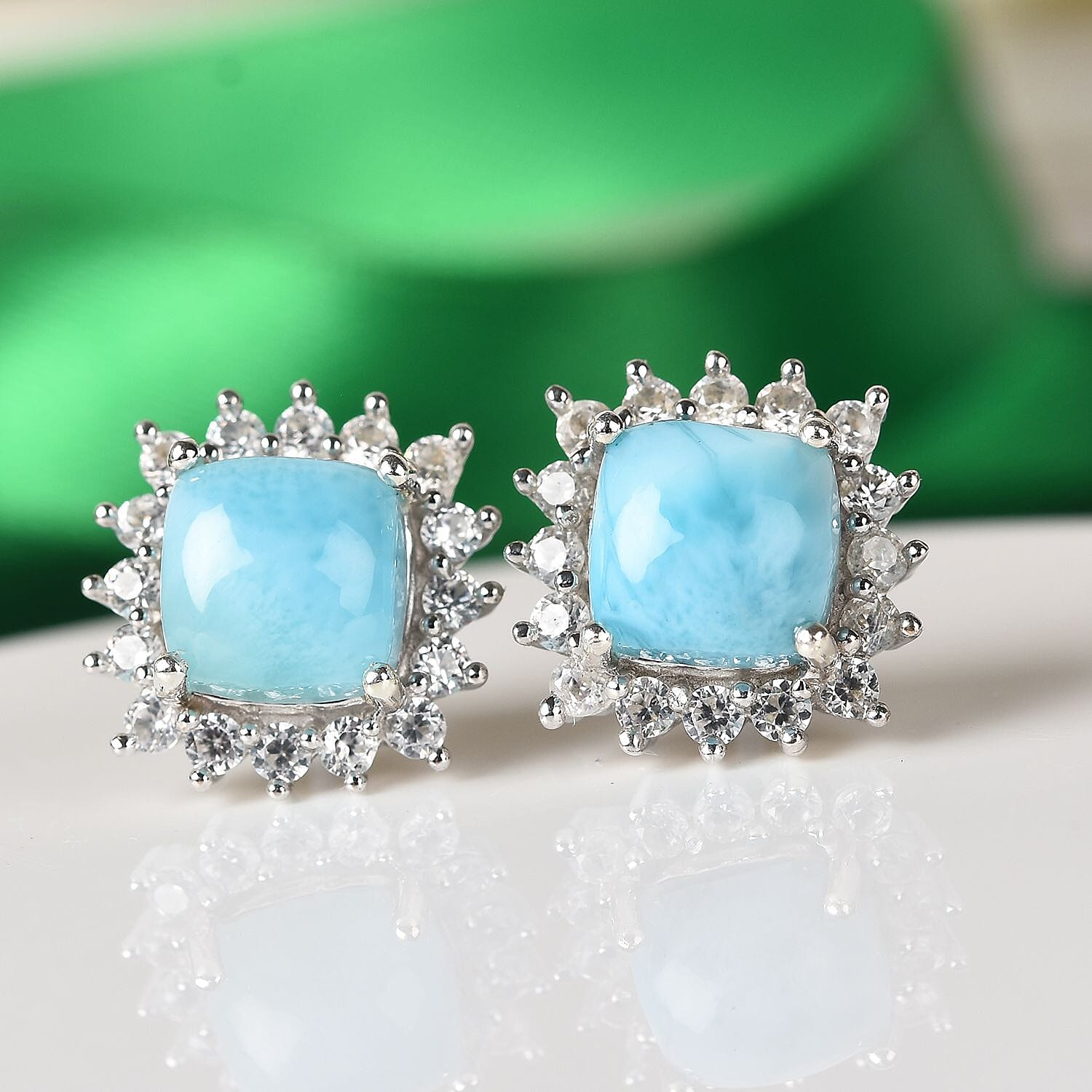 Larimar and Natural Cambodian Zircon Stud Earrings (with Push Back) in Platinum Overlay Sterling Silver 3.00 Ct.