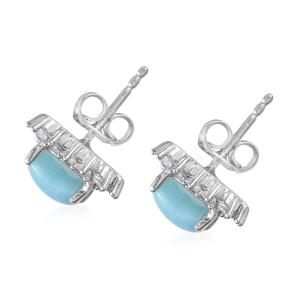 Larimar and Natural Cambodian Zircon Stud Earrings (with Push Back) in Platinum Overlay Sterling Silver 3.00 Ct.