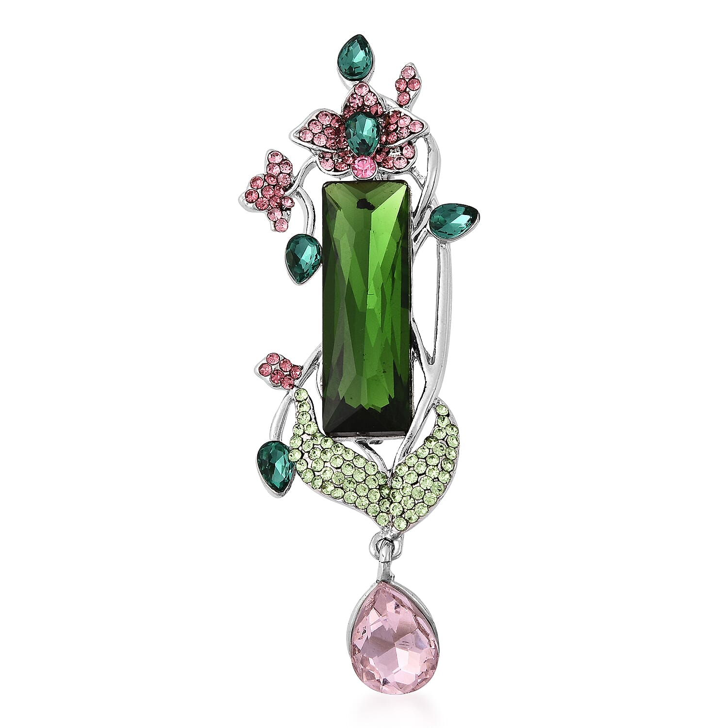 Simulated Multi Colour Gemstone, Green and Pink Austrian Crystal Floral Vine Brooch in Silver Tone