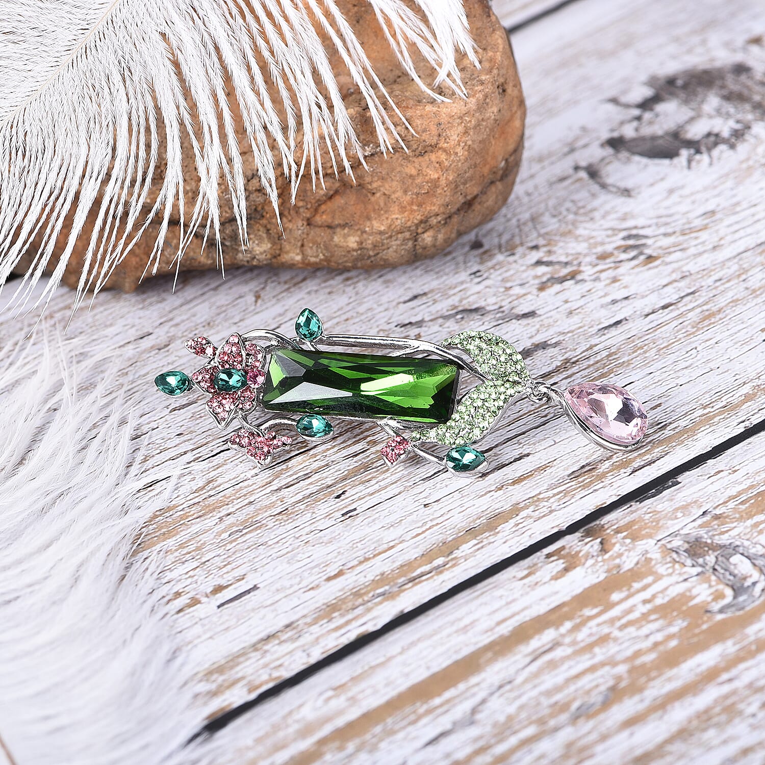 Simulated Multi Colour Gemstone, Green and Pink Austrian Crystal Floral Vine Brooch in Silver Tone