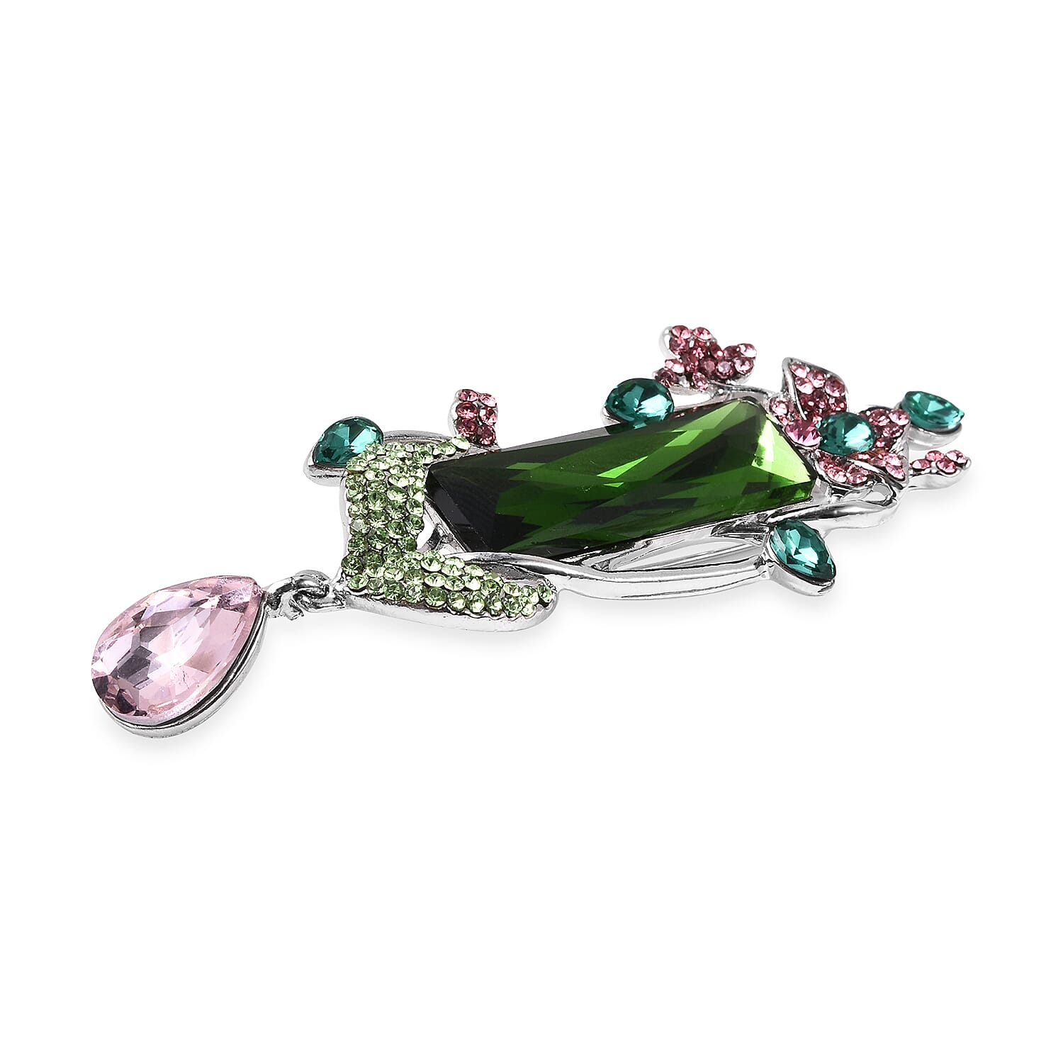 Simulated Multi Colour Gemstone, Green and Pink Austrian Crystal Floral Vine Brooch in Silver Tone