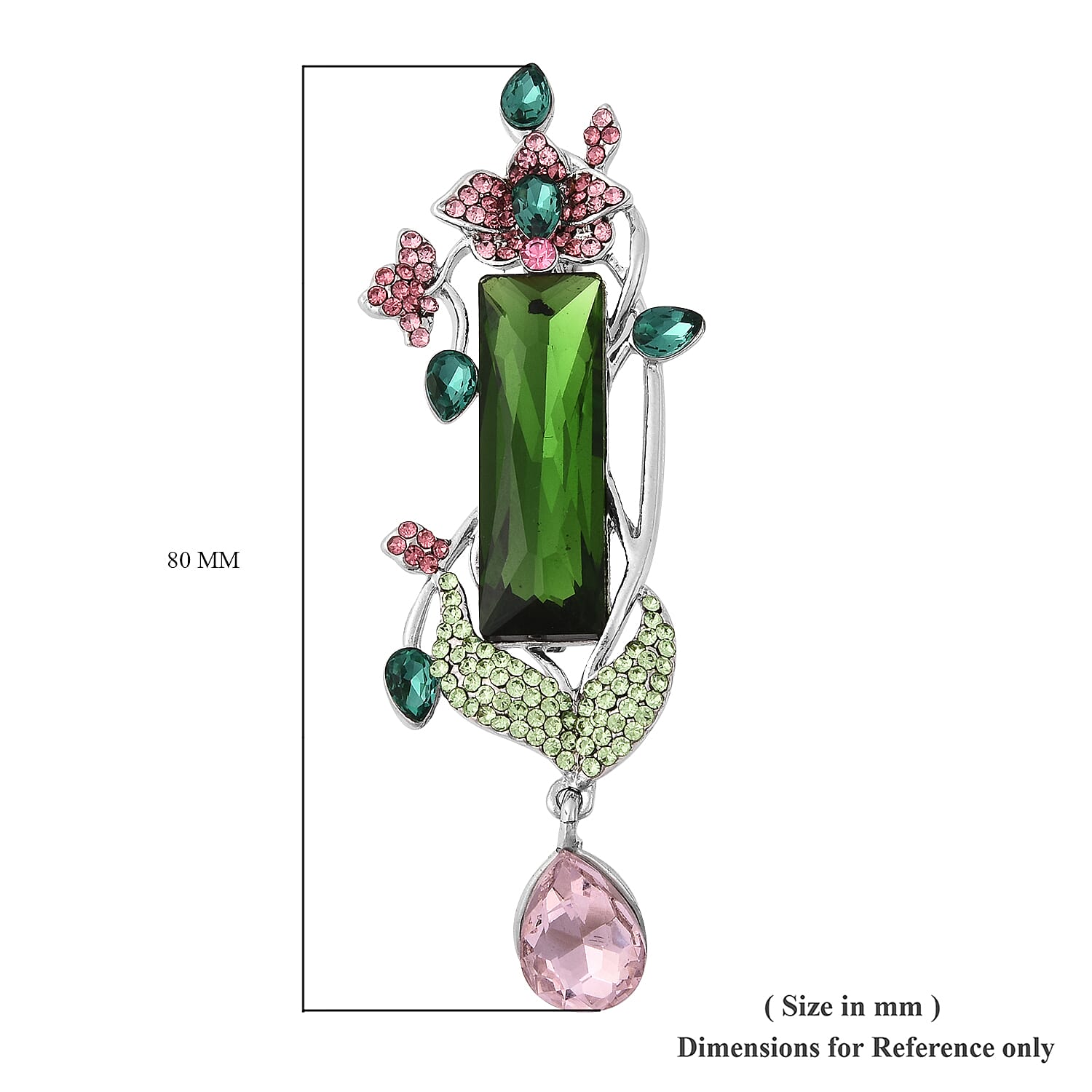 Simulated Multi Colour Gemstone, Green and Pink Austrian Crystal Floral Vine Brooch in Silver Tone