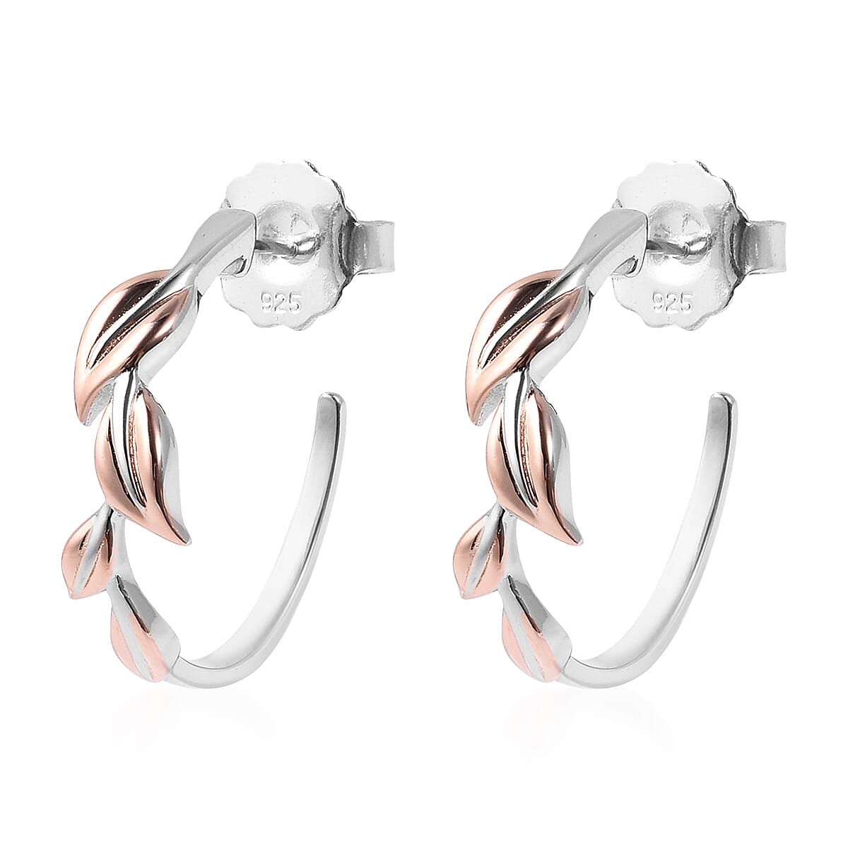 RACHEL GALLEY Two Tone Plated Sterling Silver J Hoop Leaf Earrings (with Push Back)