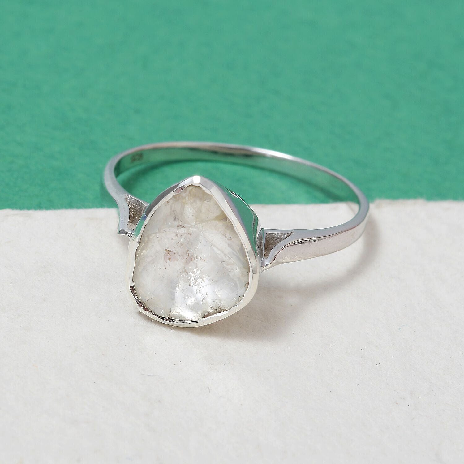 Artisan Crafted Polki Diamond Ring in Platinum Overlay Sterling Silver