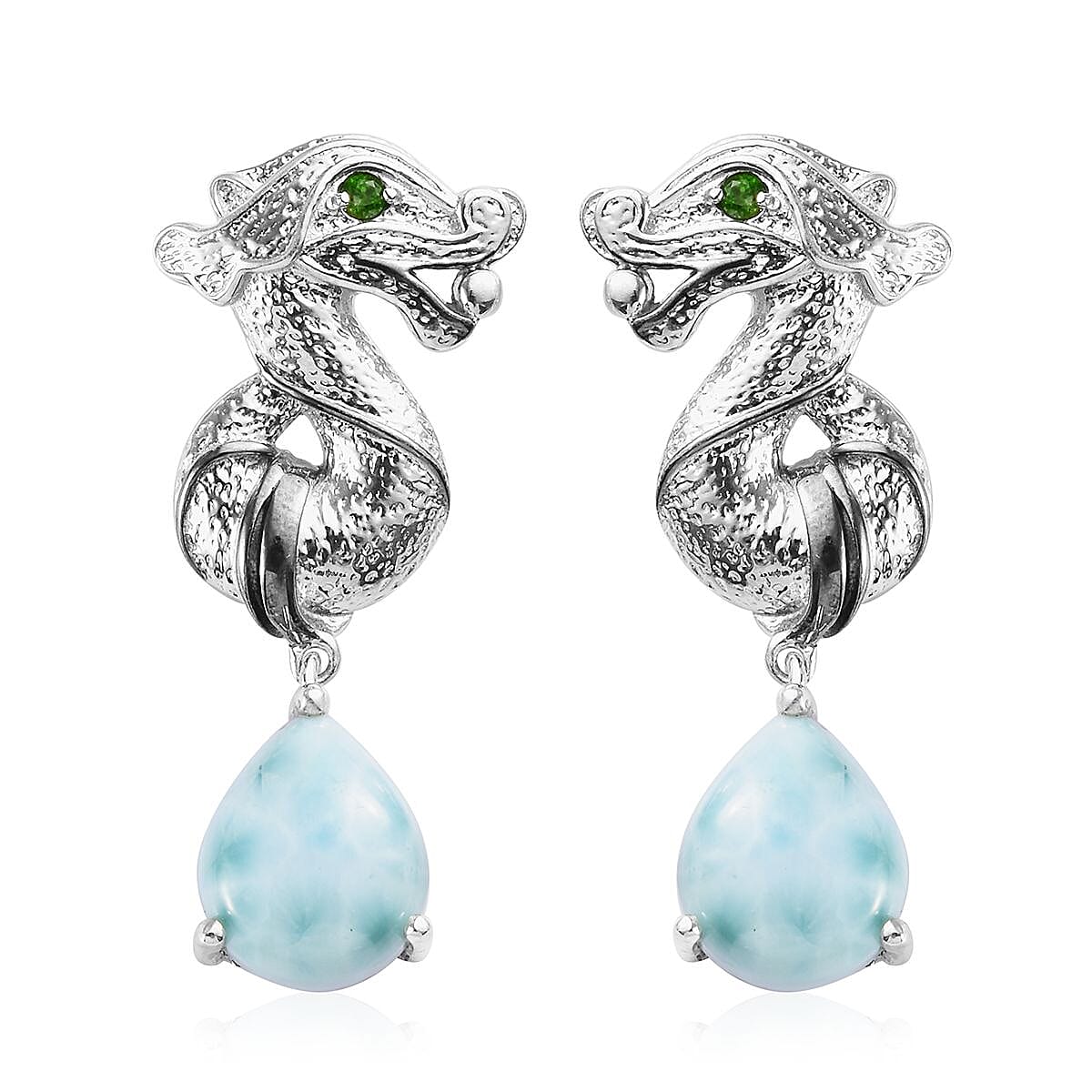 Larimar, Chrome Diopside Seahorse Drop Earrings in Platinum Overlay Sterling Silver 10.88 Ct, Silver wt 8.40 Gms