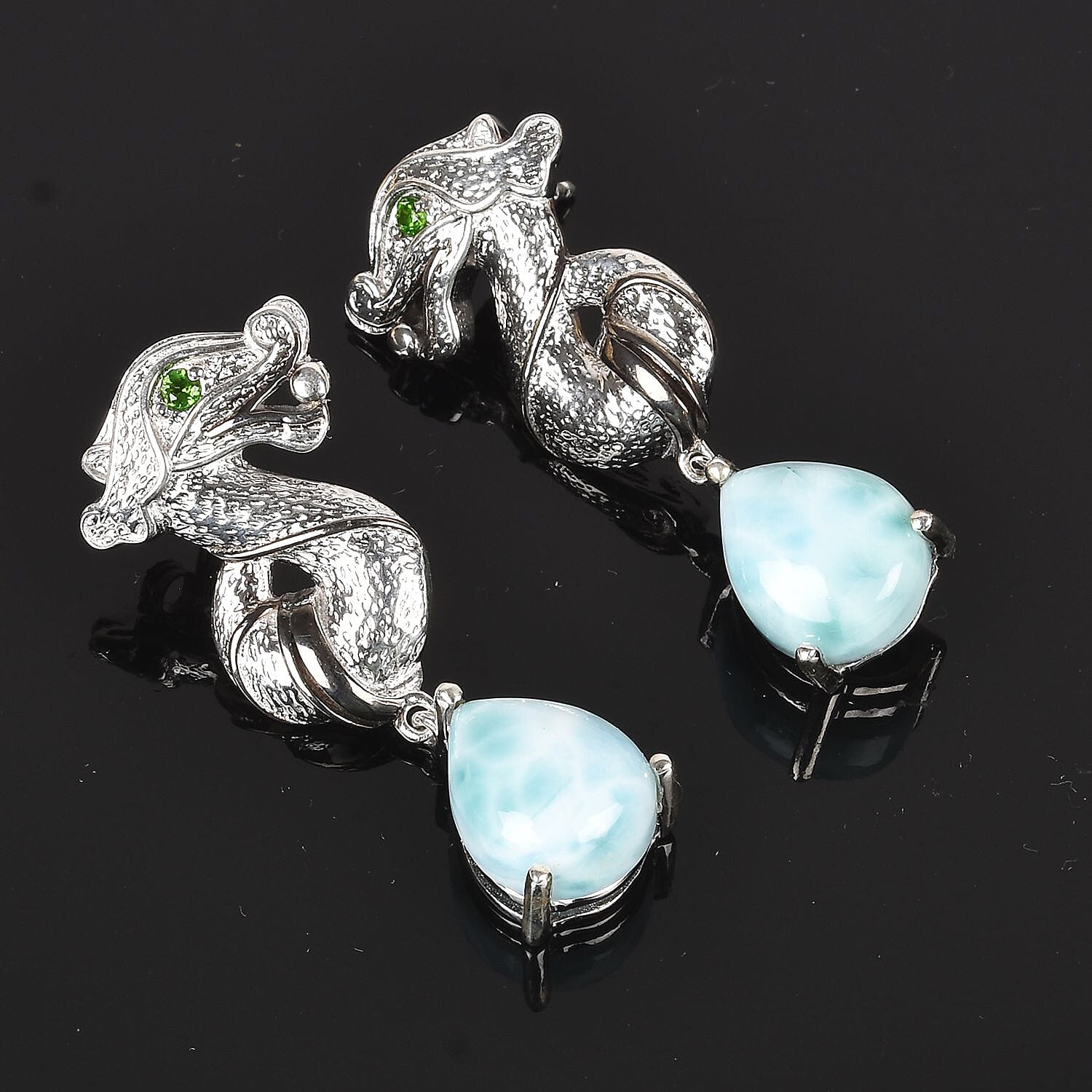 Larimar, Chrome Diopside Seahorse Drop Earrings in Platinum Overlay Sterling Silver 10.88 Ct, Silver wt 8.40 Gms