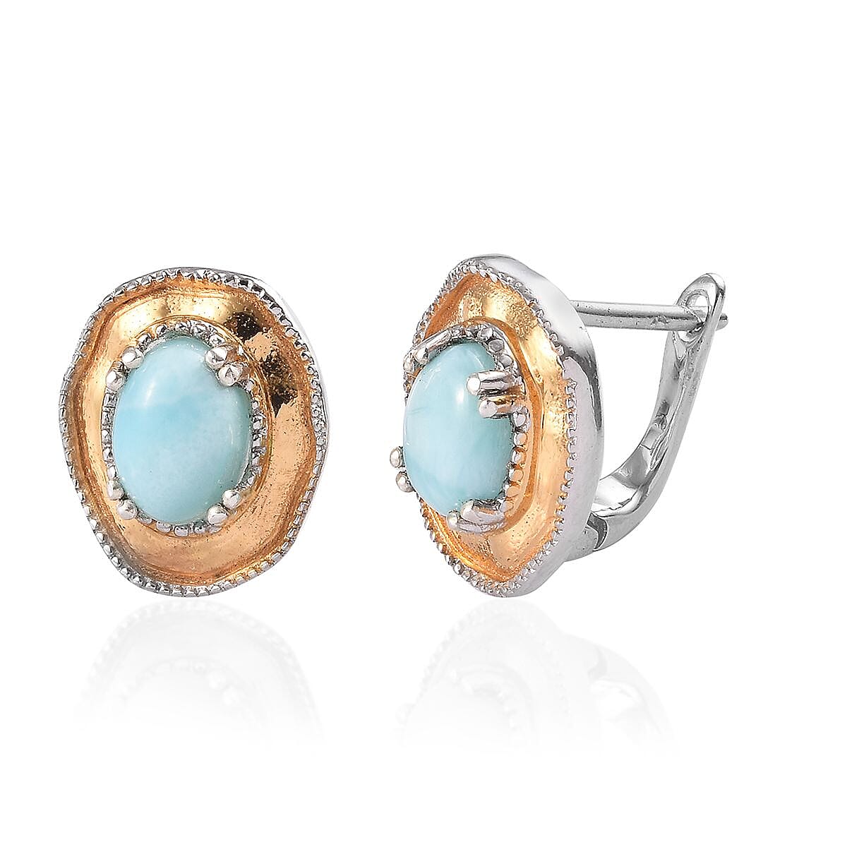 Larimar J Back Earrings with Clasp in Platinum and 18K Vermeil Yellow Gold Plated Sterling Silver 1.92 Ct.