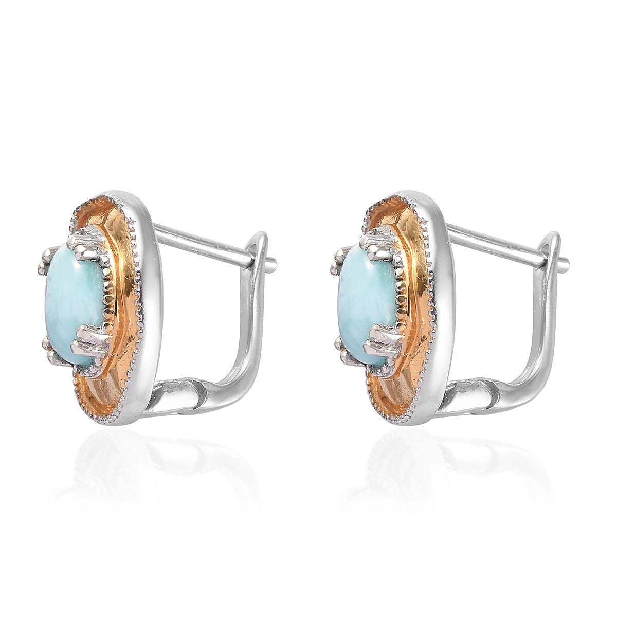 Larimar J Back Earrings with Clasp in Platinum and 18K Vermeil Yellow Gold Plated Sterling Silver 1.92 Ct.