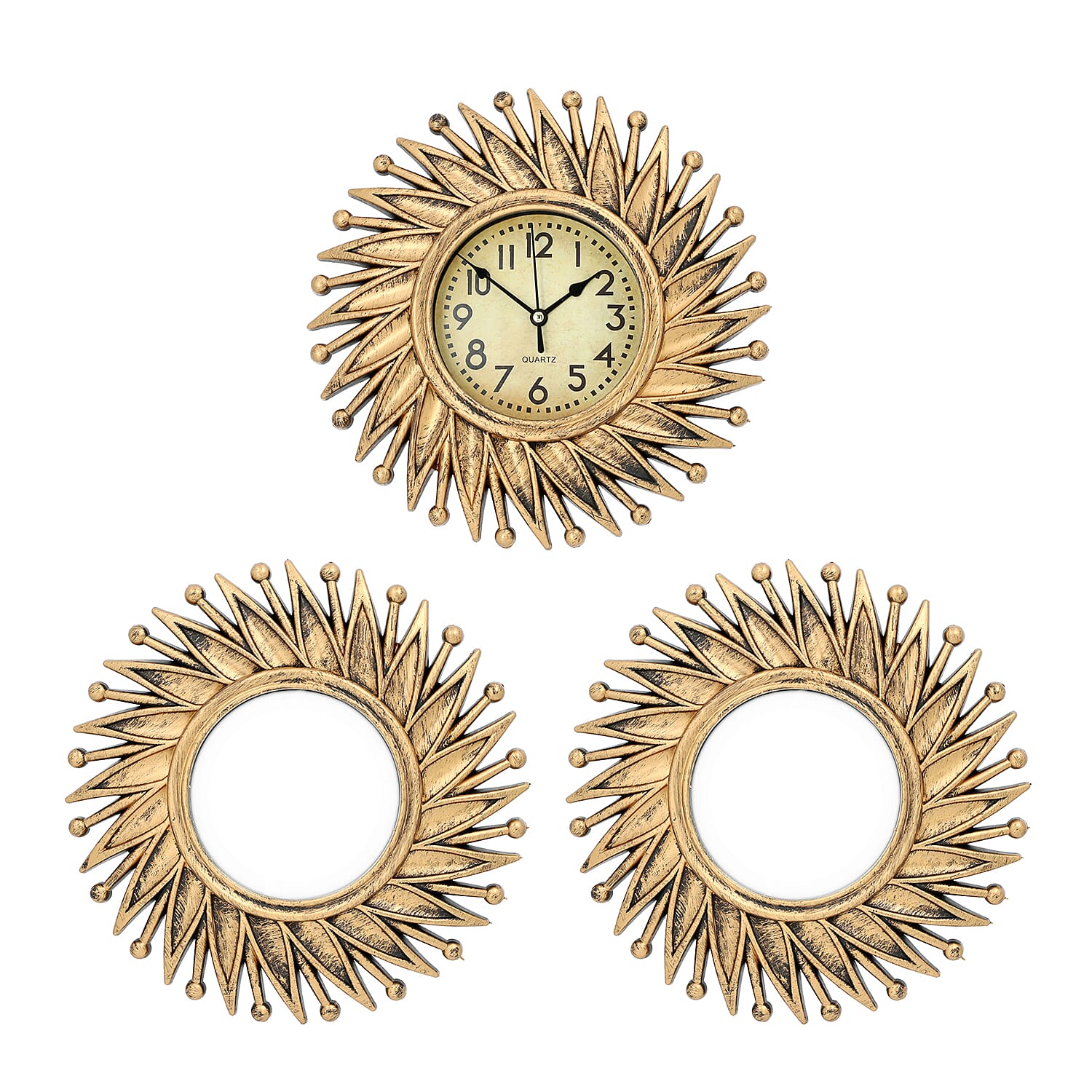 3 Piece Set - Golden Flower Wall Clock with Mirrors (Size 26x26cm/Pcs)