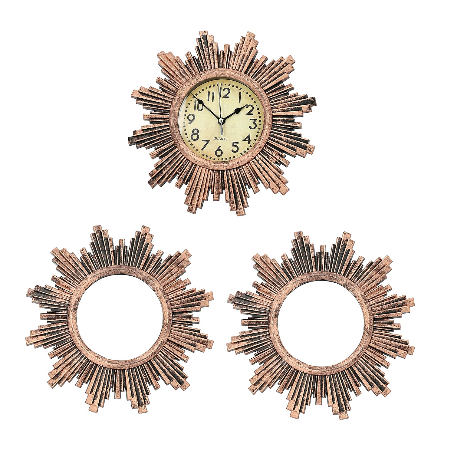 3 Piece Set - Golden Sun Wall Clock with Mirrors (Size 26x26cm/Pcs)