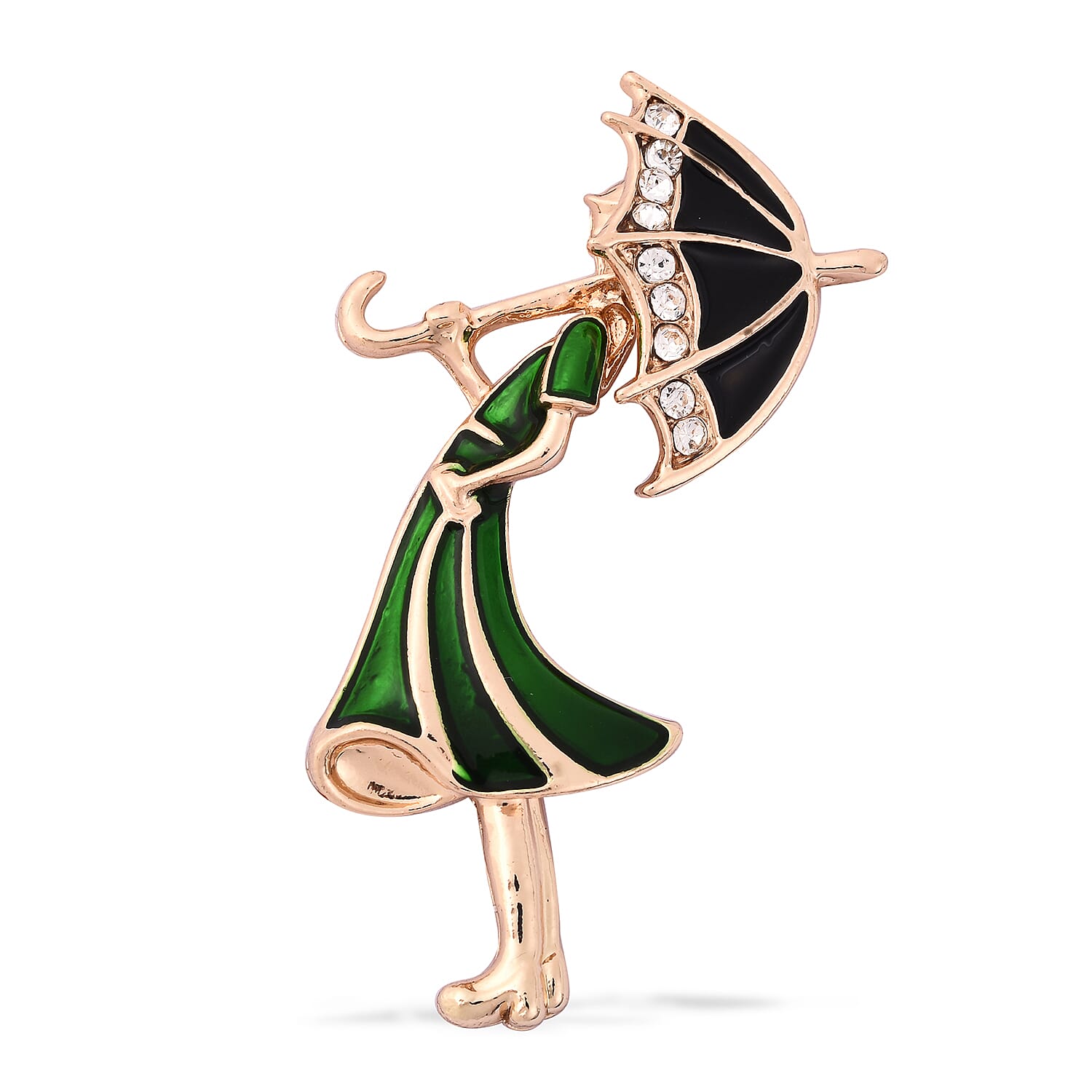 White Austrian Crystal Enamelled Girl with Umbrella Brooch in Gold Tone