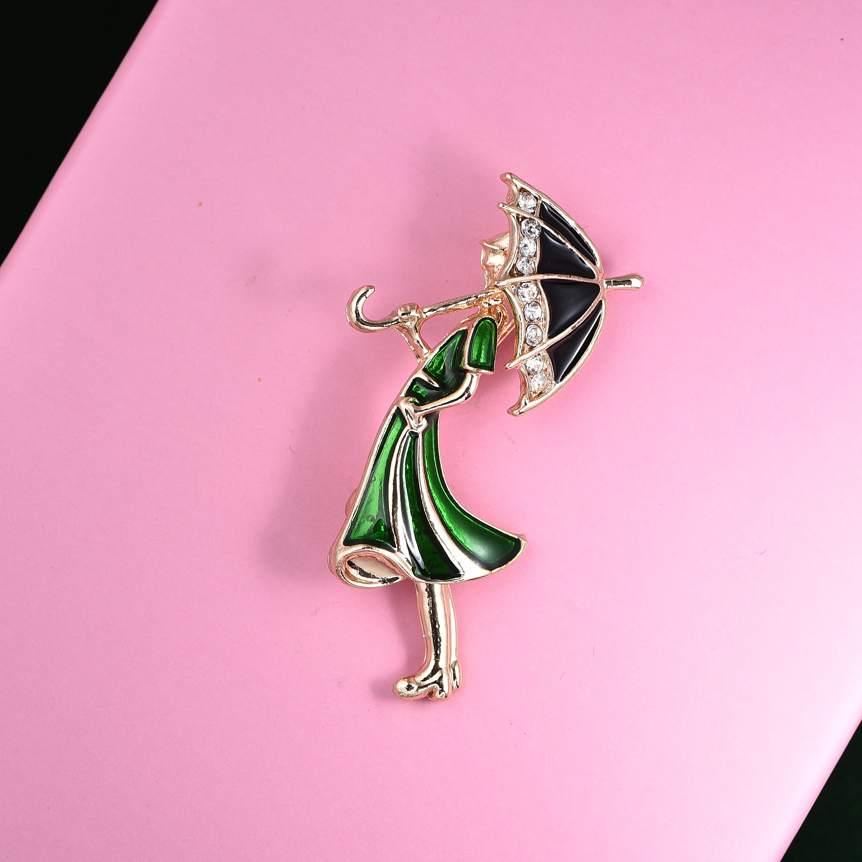 White Austrian Crystal Enamelled Girl with Umbrella Brooch in Gold Tone