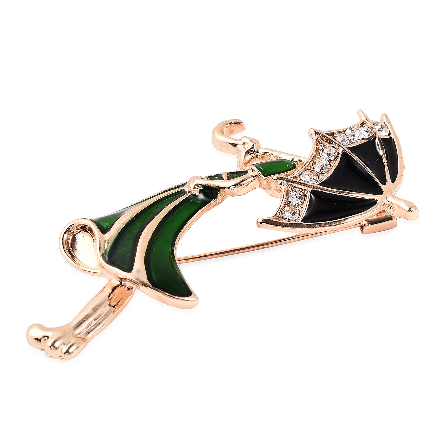 White Austrian Crystal Enamelled Girl with Umbrella Brooch in Gold Tone