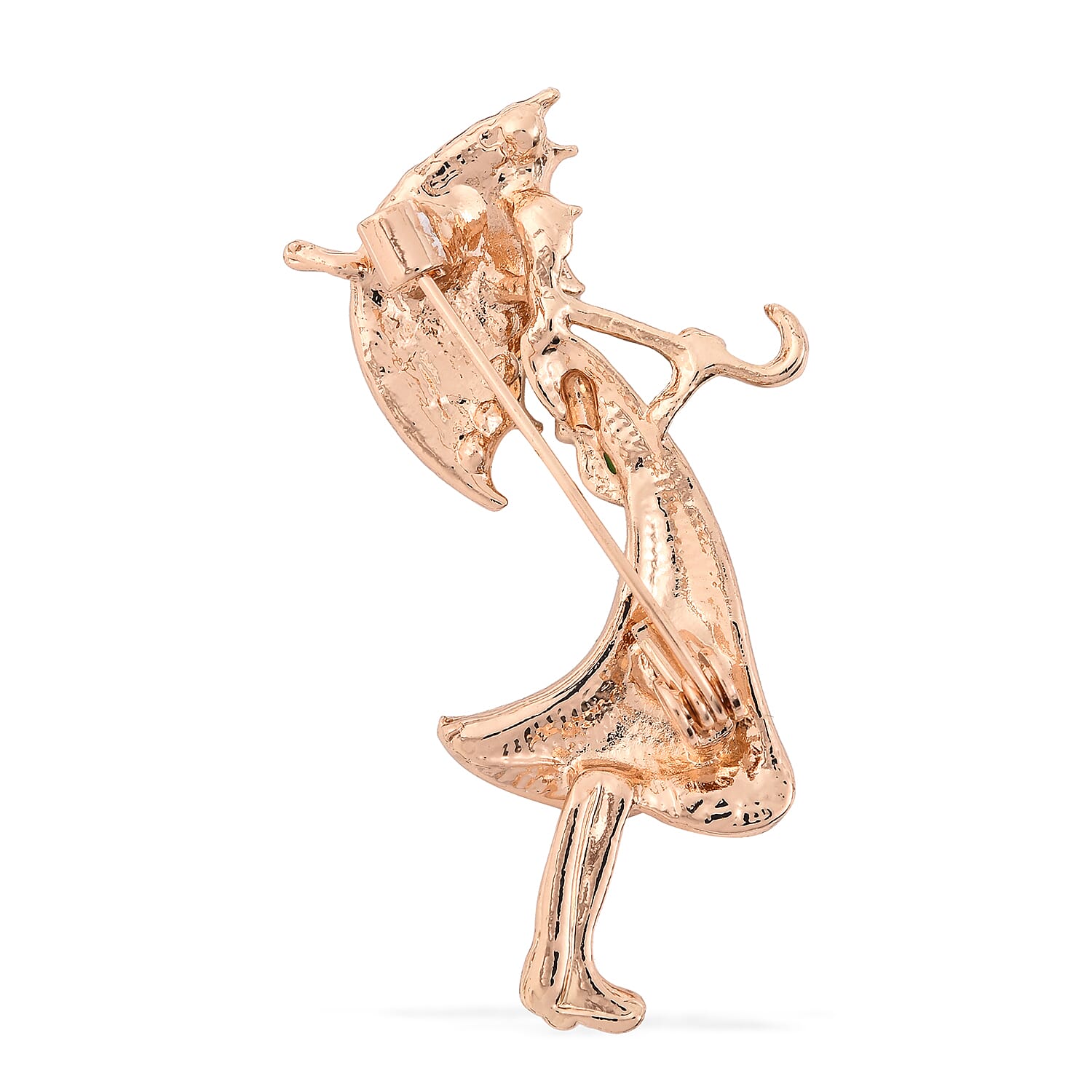 White Austrian Crystal Enamelled Girl with Umbrella Brooch in Gold Tone