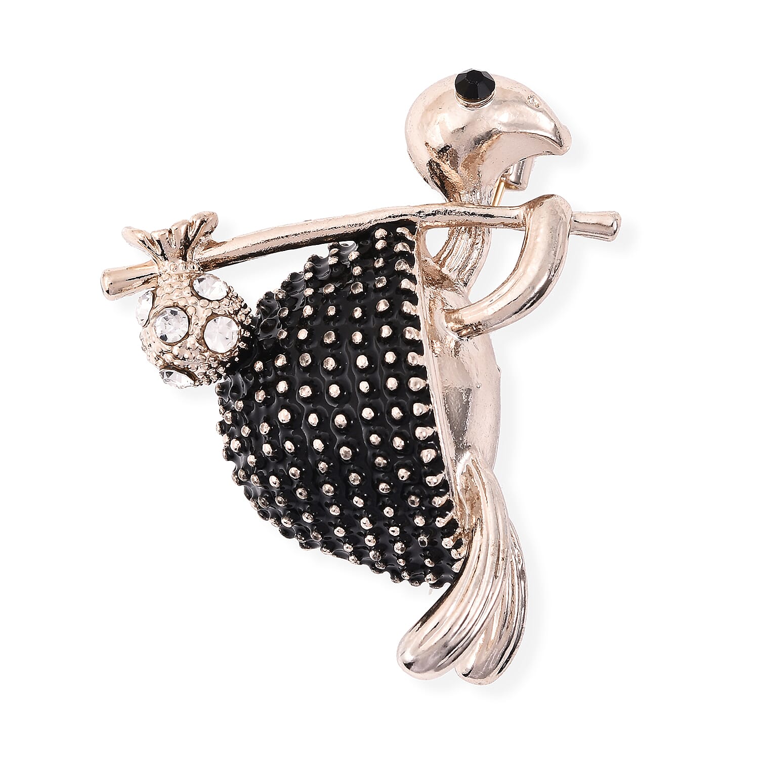 Black and White Austrian Crystal Enamelled Turtle Brooch in Gold Tone