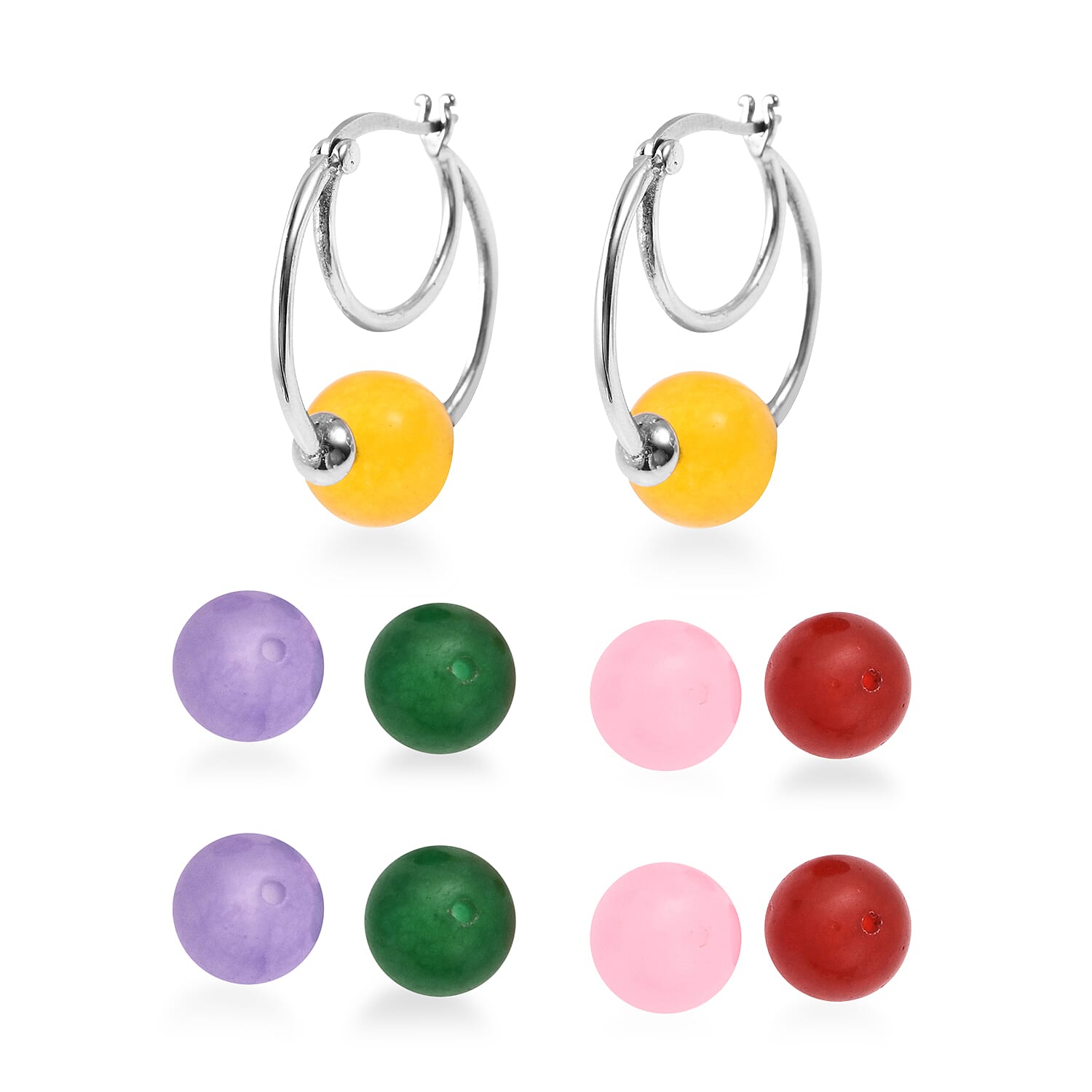 Multi Colour Jade Five Bead Interchangeable Earrings in Stainless Steel 70.60 Ct.