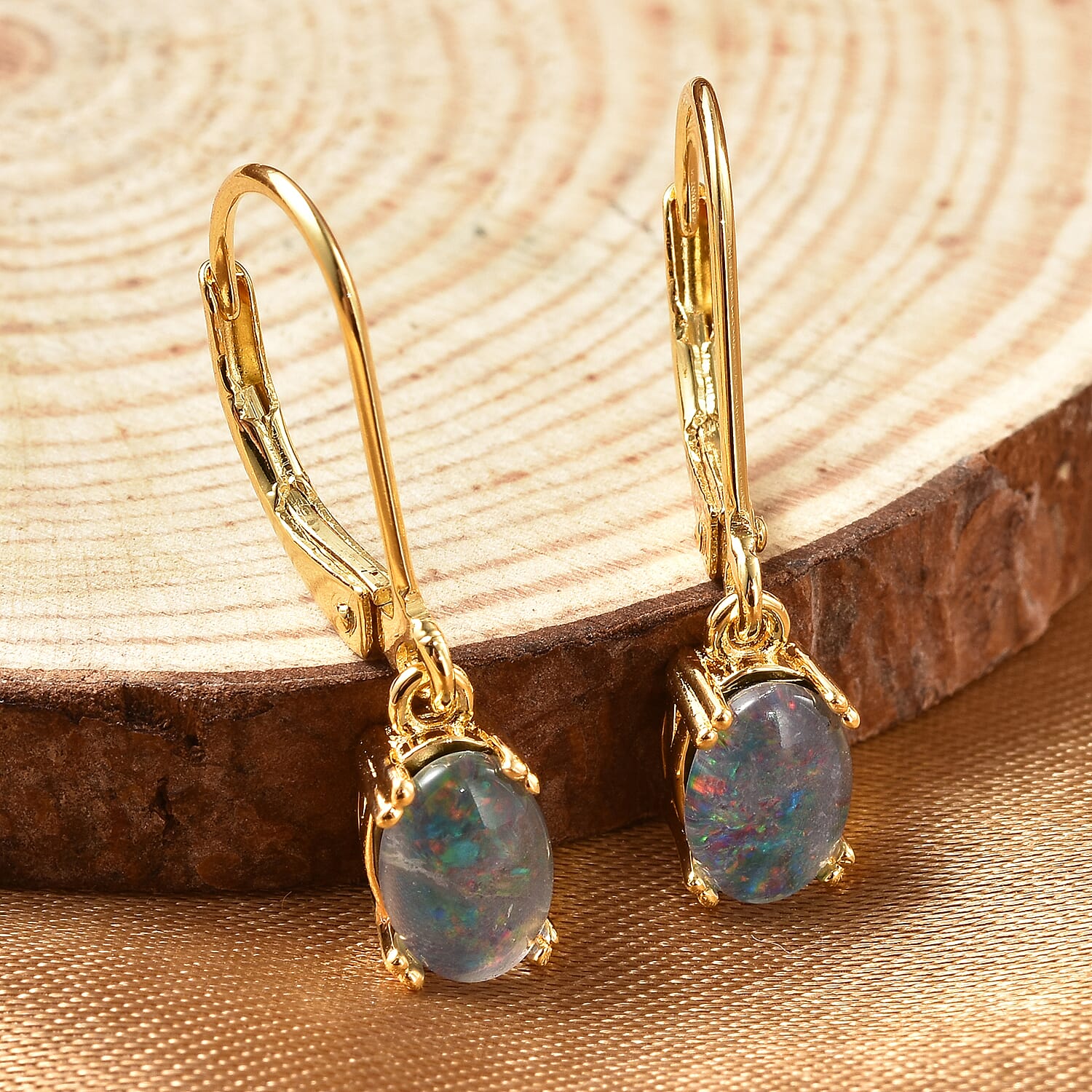 Australian Boulder Opal Lever Back Earrings in Yellow Gold Overlay Sterling Silver 1.25 Ct.
