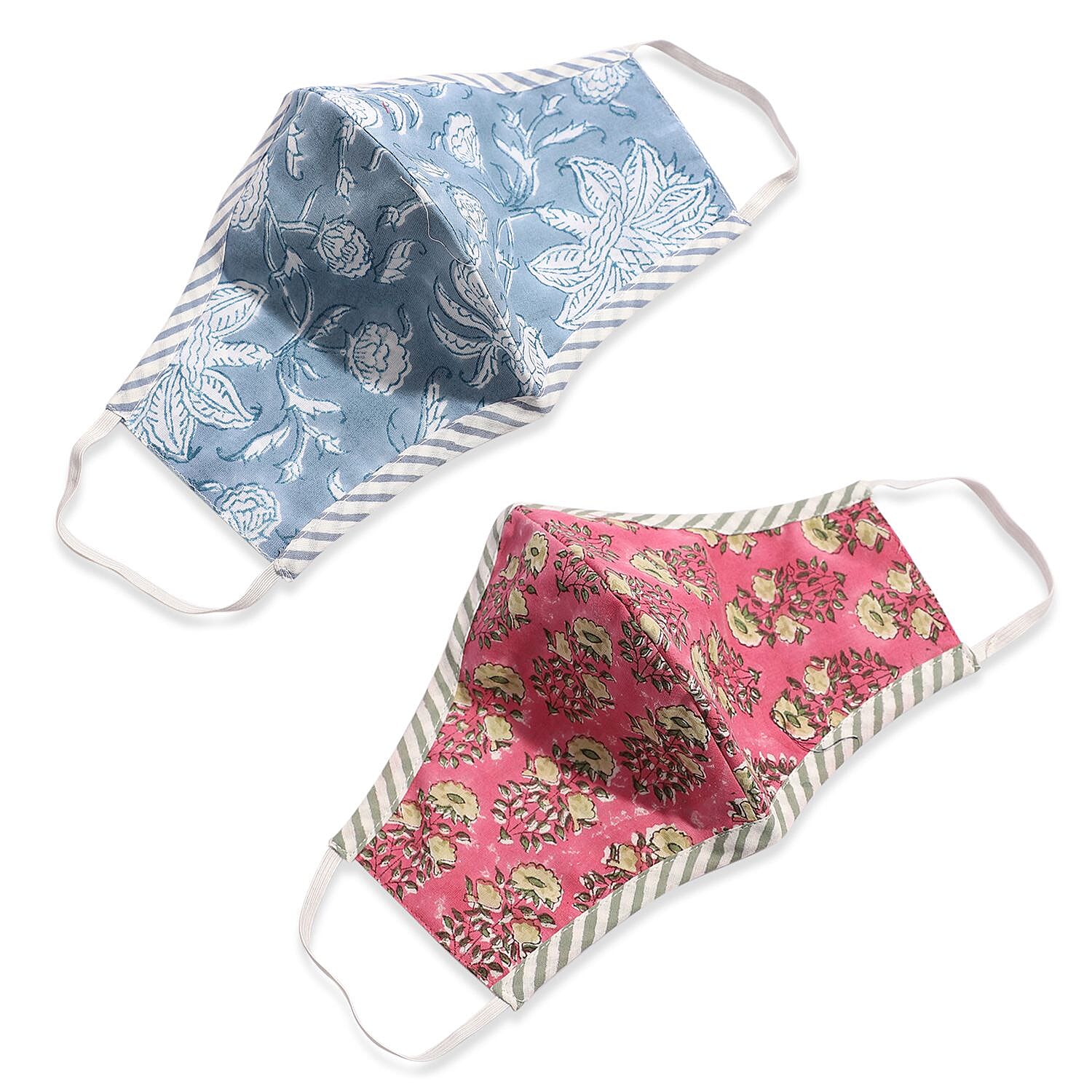 2 Piece Set - 100% Cotton Hand Block Print Double Layer Reusable Face Cover - Blue and Wine Red